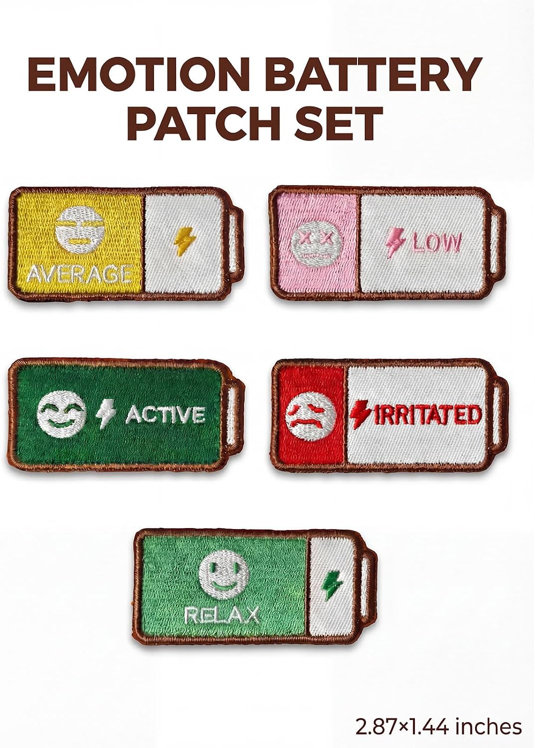 Emotion Battery Sew-on Patch Set, Embroidery Mood Patches for Jackets, Backpacks, Caps & DIY Crafts, Tactical Gear & Workwear Decor, Funny Gift for Friends & Family (5) BST202