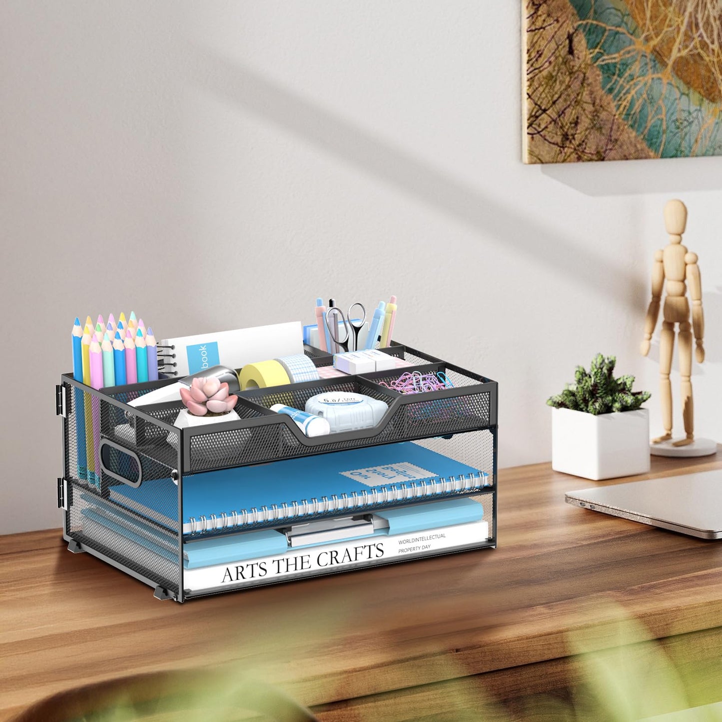 DALTACK 3 Tier Paper Organizer with Handle, Mesh Metal Desk Organizer with Sliding Paper Trays for Letter/A4 Paper, Mail, Bills & Folders, Pink