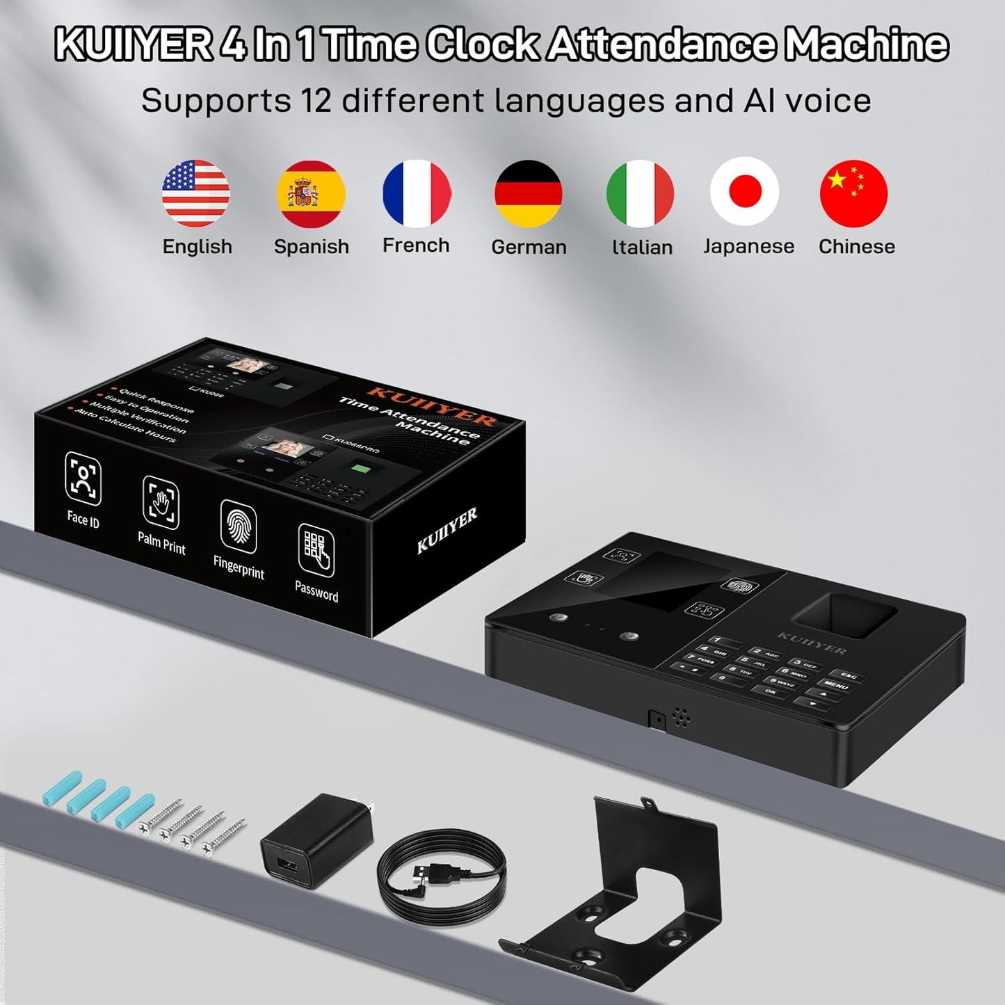 KUIIYER 4 in 1 Employees Time Clocks for Small Business (Face + Fingerprint + Palm Print + PIN) Employee Clock in & Out Machine Biometric Attendance Punch Clock Recorder Tracker (No Monthly Fee)