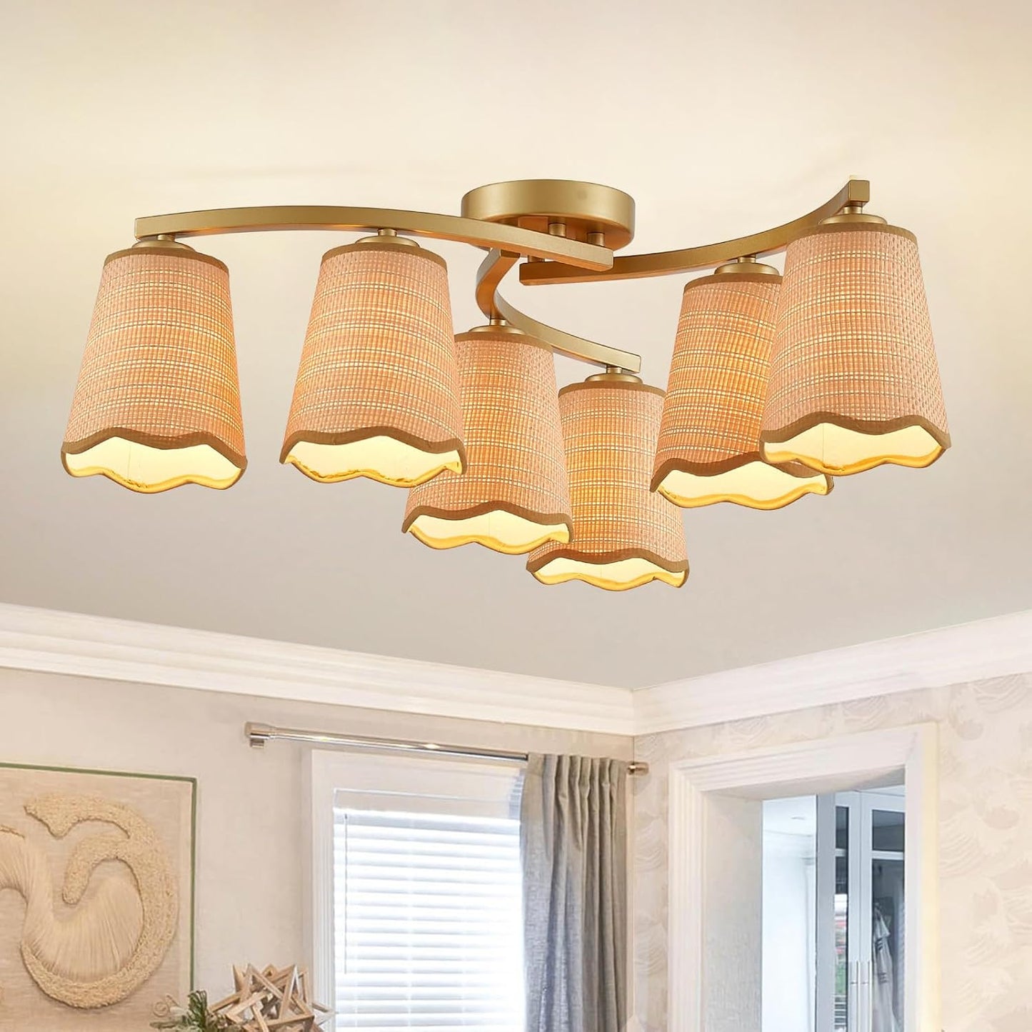 XINGQI 22.8" Boho Rattan Chandelier 6 Lights Rustic Farmhouse Semi Flush Mount Ceiling LightIing Fixture Woven Fabric with Gold Meatl Lampbody for Kitchen Island Bedroom Dining Room WN420