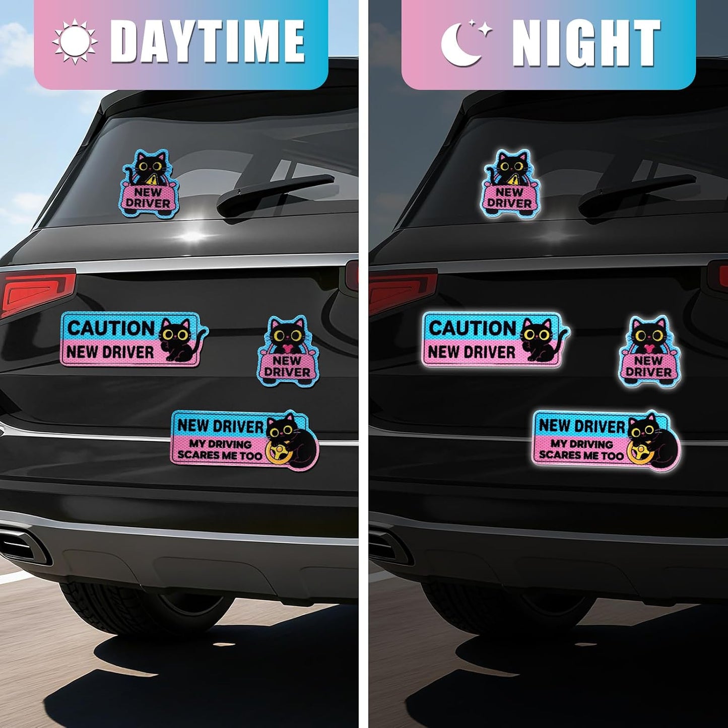 4PCS Black Cat New Driver Car Magnet, New Driver Magnet for Car, Cute Shivering Cat Reflective Reusable Student Driver Safety Sign for Car Bumper BST220