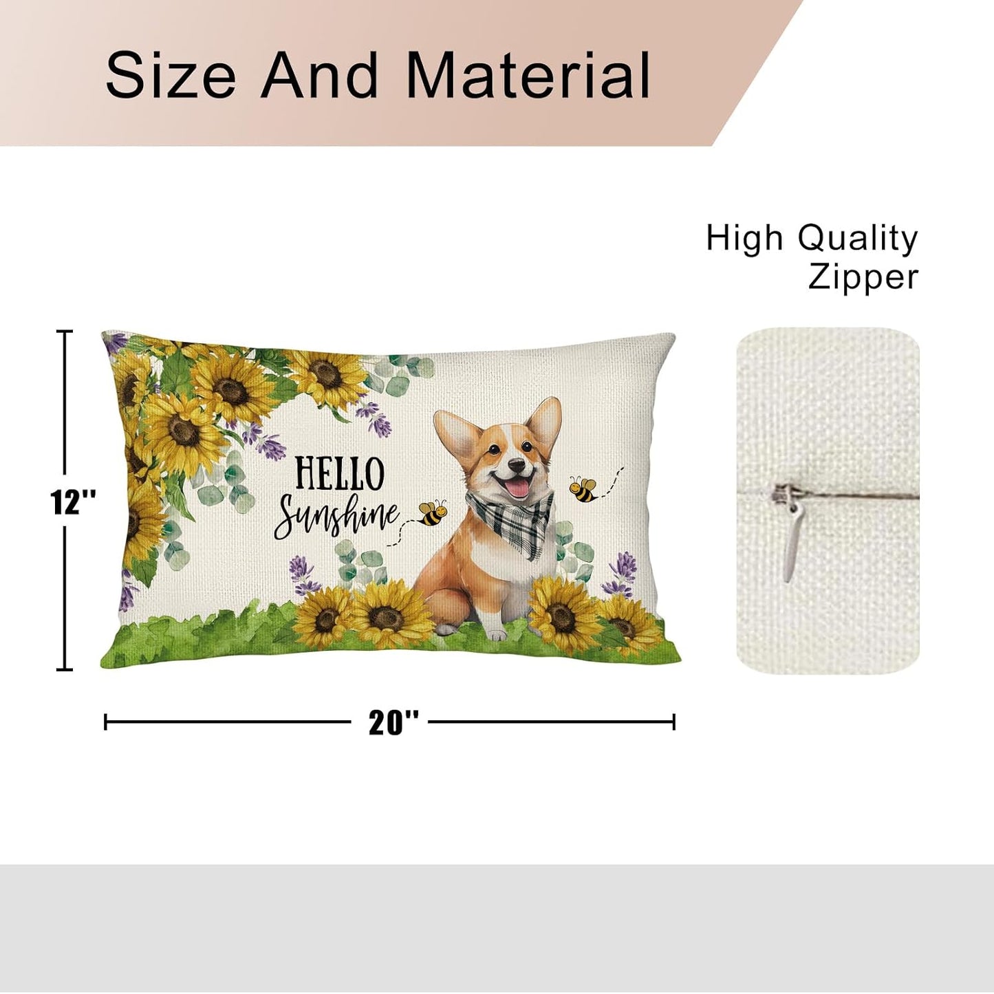 Sunflower Corgi Dog Lumbar Throw Pillow Cover 12x20 Inch Summer Cushion Case Decoration for Sofa Couch BST202