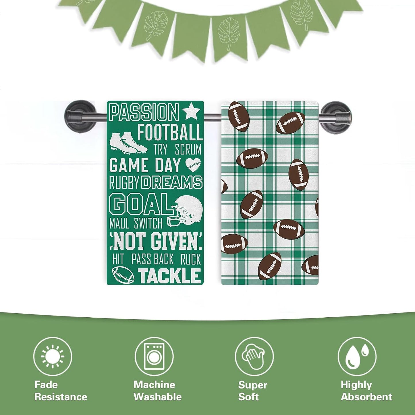 Football Season Kitchen Dish Towels Set of 2, Rugby Sport Game Day | Green Buffalo Plaid Drying Hand Towel Baking Cooking Cloth, Farmhouse Bathroom Home Decor Football Player Gifts 18'' x 26'' BST202