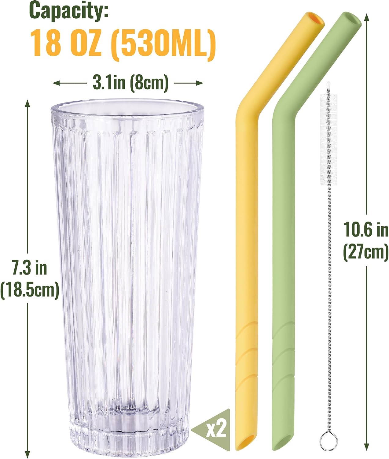 NiHome 18oz Ribbed Highball Glasses with Straws, Vintage Fluted Glasses | 2-Pack Ribbed Glasses, 18oz Large Capacity with 2 Reusable Silicone Straws, Dishwasher-Safe, for Bubble Tea, Smoothies BST326H
