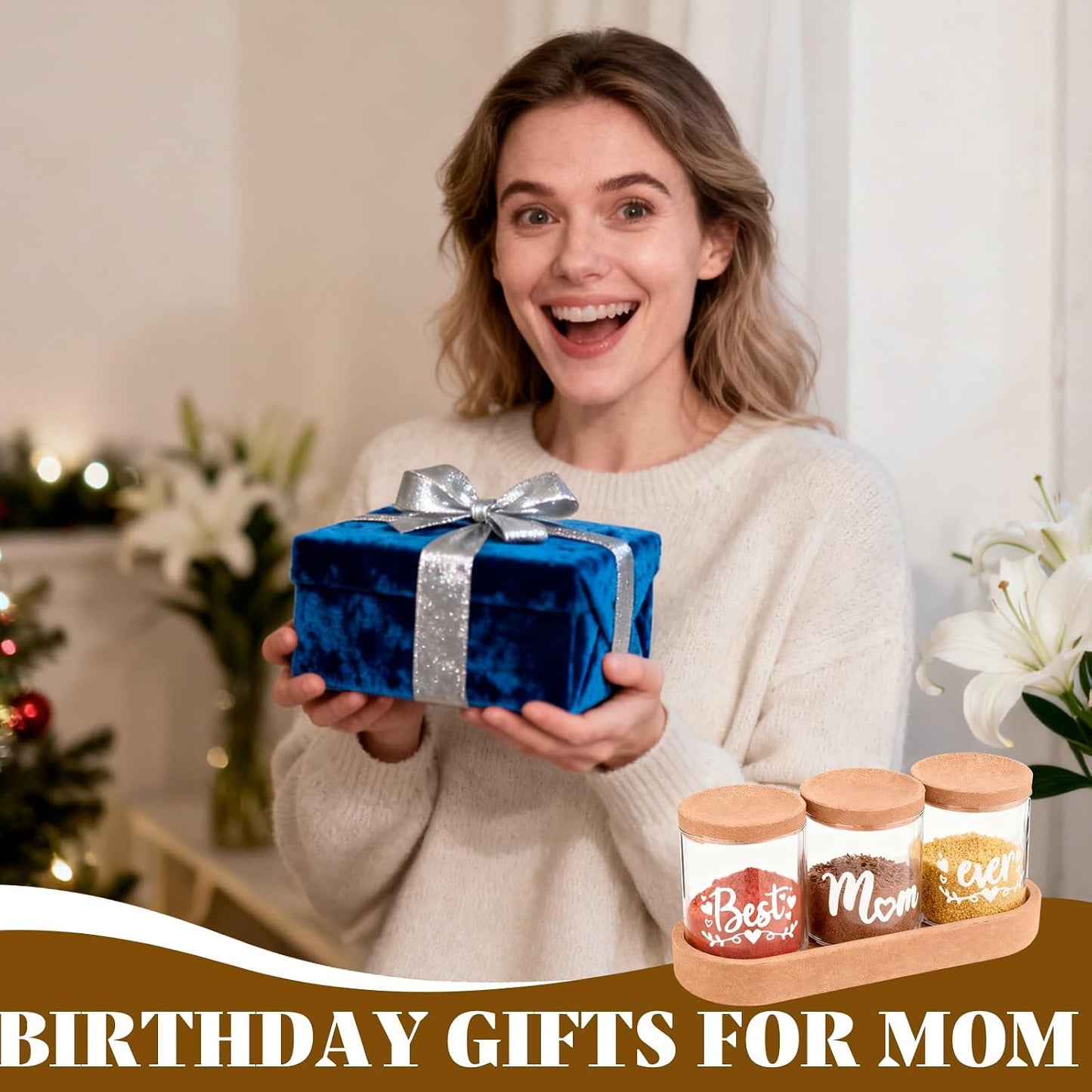 Best Mom Ever Glass Spice Jars Set with Cork Lids and Tray for women | 3-Piece Seasoning Storage Jars for Kitchen for Mom,ideal for Birthday Christmas End of Years present WN420