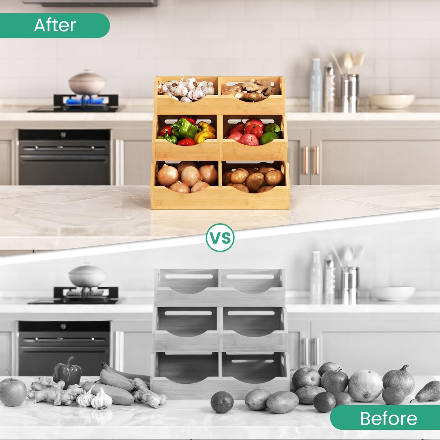 Onion Storage Bins Potato, 3 Tier Bamboo Pantry Storage Bin Stackable Ventilated Kitchen Organizer N3233