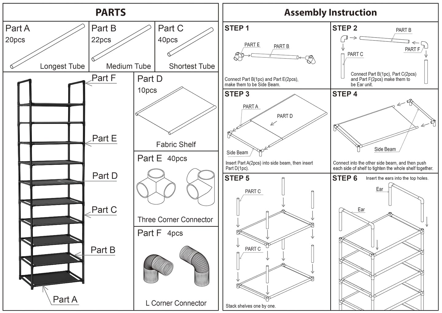 FIDUCIAL HOME 10 Tiers Shoe Rack Organizer 20 Pairs Tall Shoe Shelf | Tall Narrow Space Saving for Closet Entryway Dorm, Easy to Assemble, 17"L x 11"W x 68.8"H, Black BST220