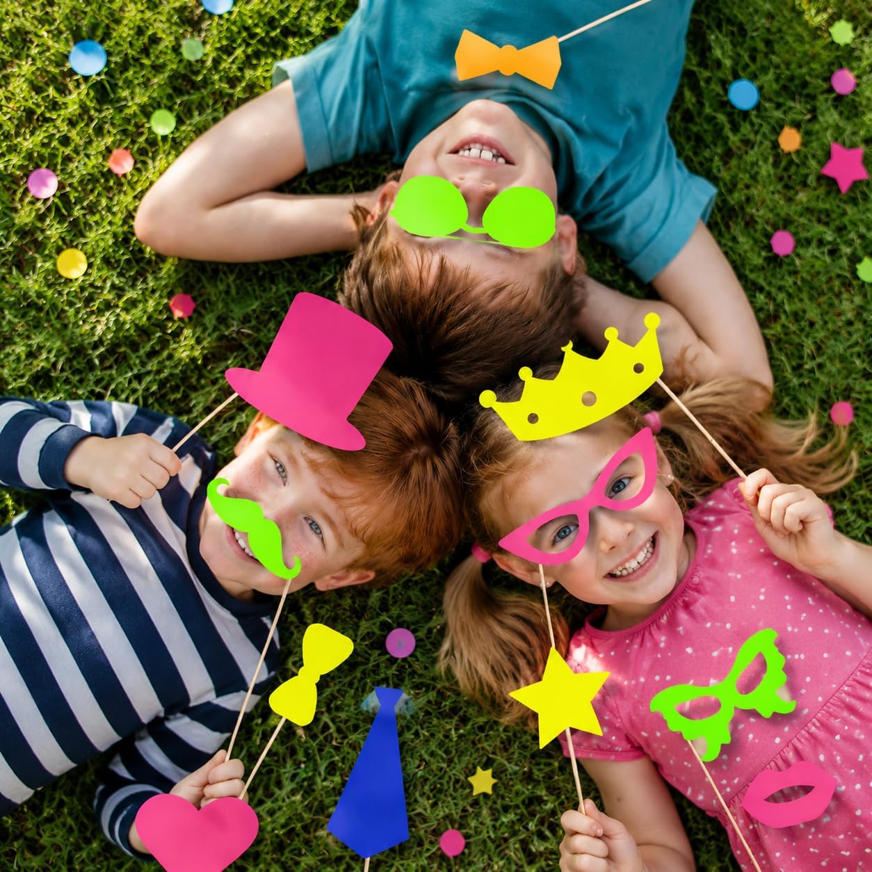18 Pcs Neon Photo Booth Props for Kids, UV Black Light Fluorescent Selfie Posing Supplies, Let's Glow Crazy Party Decorations for Boys Girls Birthday, Sleepover, Teen Glow in the Dark Party Favors BST326L