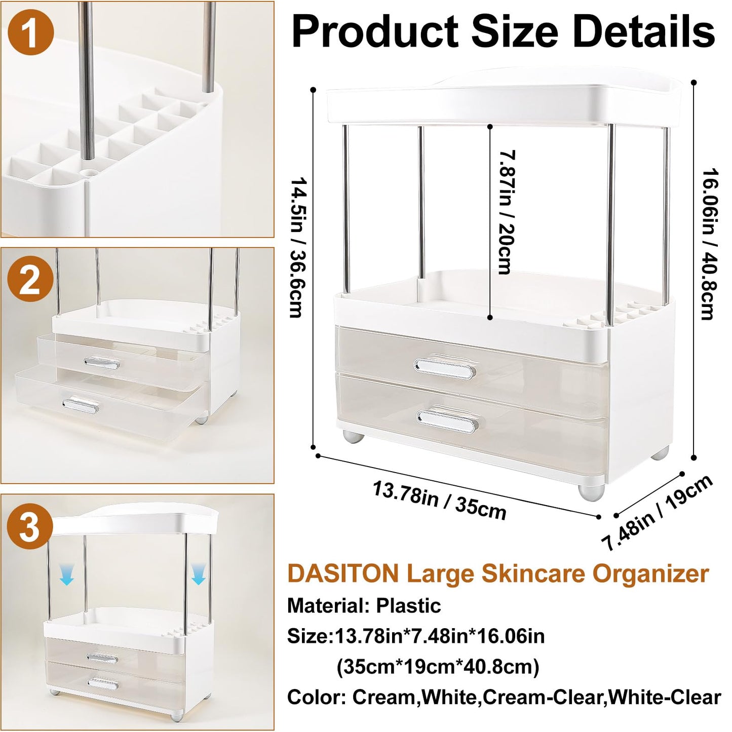 DASITON 4 Tiers Makeup Organizer, 2 Drawers Large Cosmetic Organizers for Vanity Bathroom Countertop, Bathroom Organizers and Storage for Skincare, Cosmetic, Perfume, Dresser Organizer (Cream+Clear) BST220