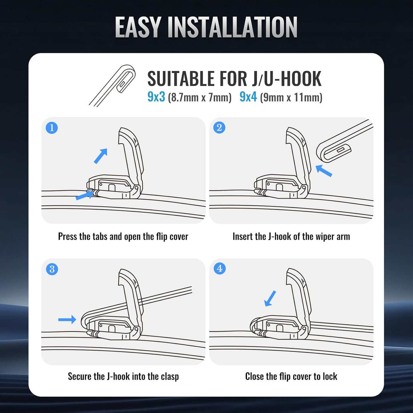 Wiper Blades, OEM Quality, Premium All-Season PTFE Rubber, Quiet & Streak-Free, J-Hook, Automotive Replacement Windshield Wiper Blades (26"+16" Pair for Front Windshield) WN420