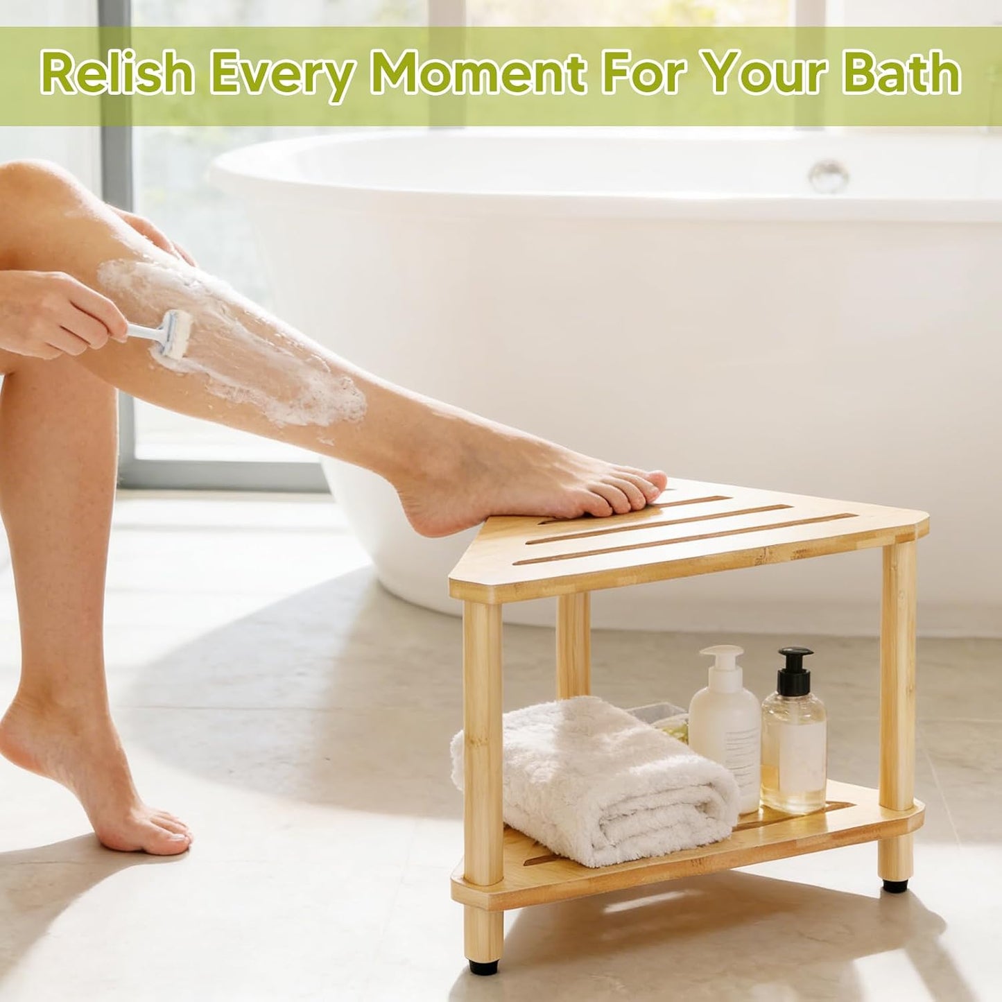 Bamboo Corner Shower Stool with Soap Dish, Waterproof Bath Bench Seat for Shaving Legs Inside Shower, 2-Tier Height Adjustable Foot Rest with Storage Shelf, Corner Bench for Women BST326H
