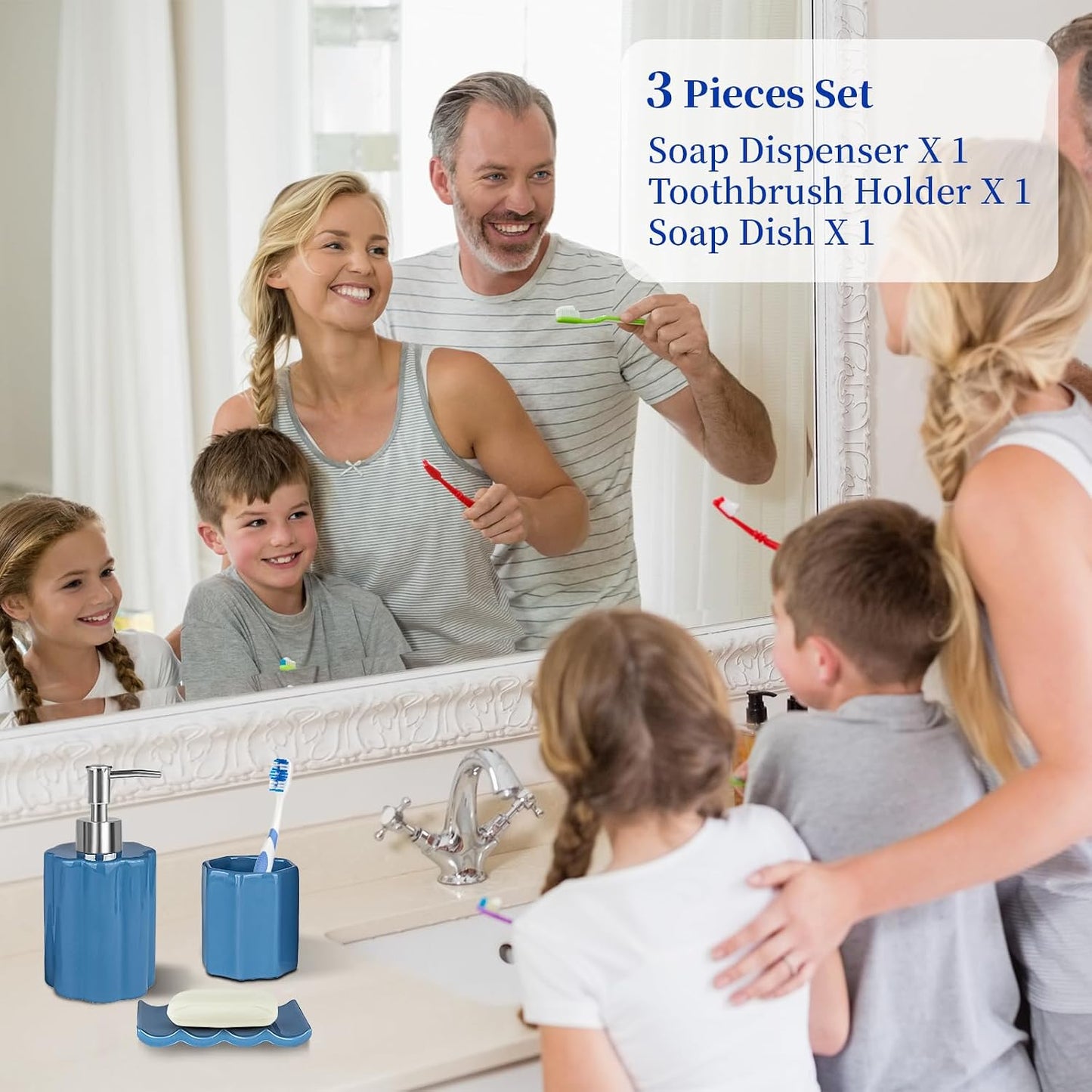 Ceramic Bathroom Accessories Set, Amaauto 3-Piece - Blue Soap Dispenser, Toothbrush Holder & Soap Dish | Modern Bathroom Decor for Countertop Organization BST202