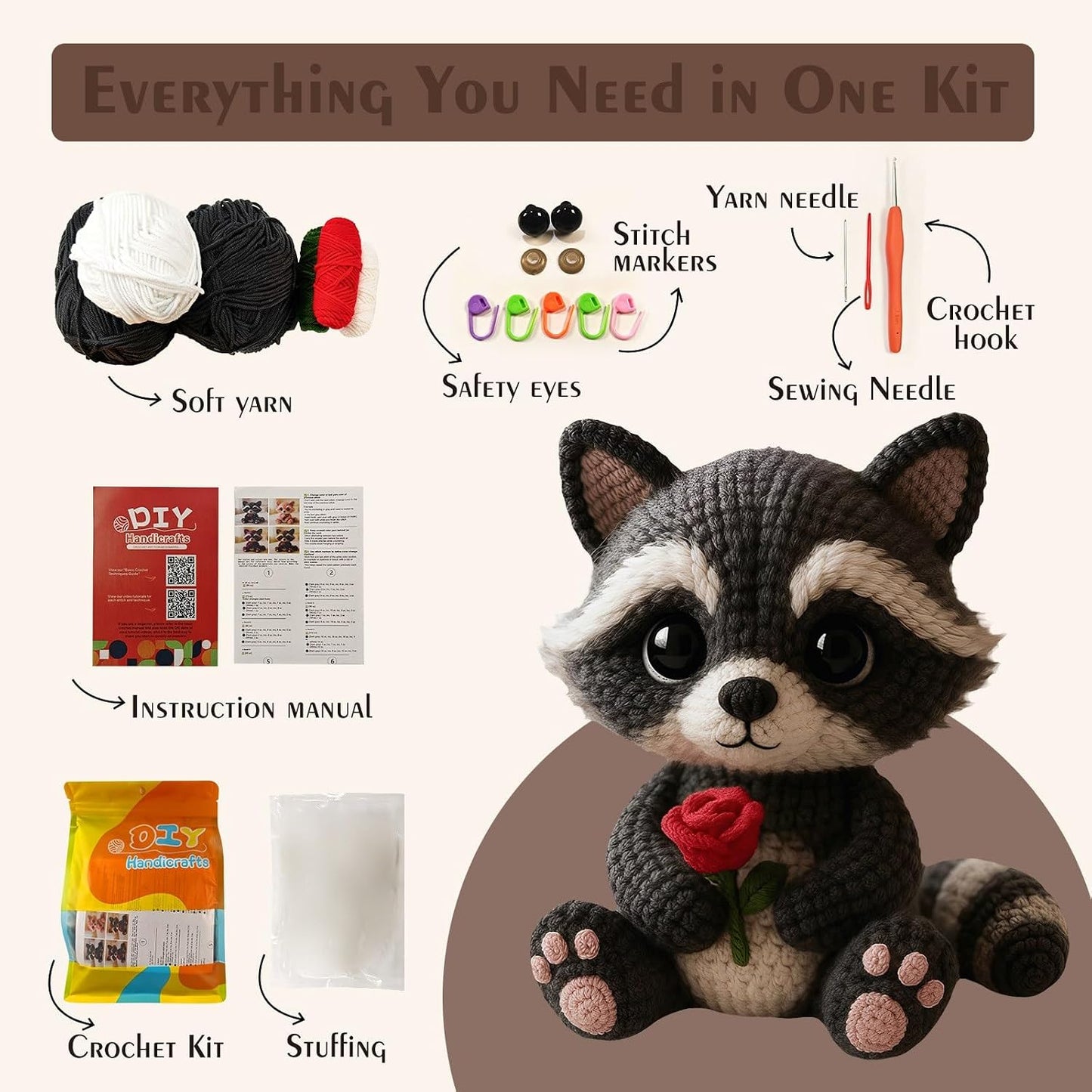 Morcolplus Woodland Raccoon Crochet Kit for Beginners & Adults, Amigurumi Forest Animal Crochet Starter Kit with Video Tutorials, DIY Yarn Craft Kit, Handmade Cozy Room Decor Gift BST220