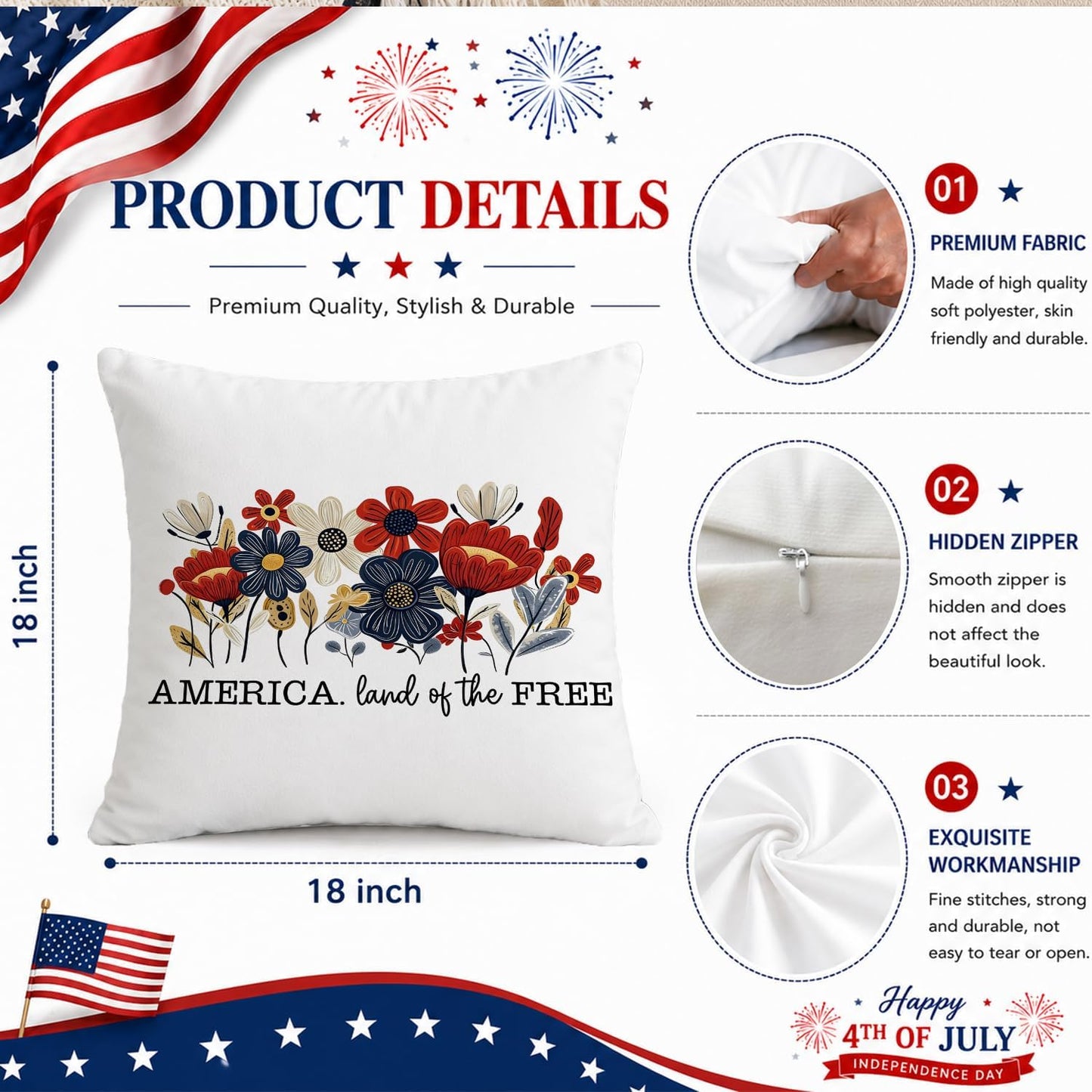 Patriotic Pillow Covers 18x18, 4th of July Throw Pillow Covers, America Land of the Free Floral Decor, Red White Blue Wildflower Pillow Case, Independence Day Gifts for Women Sofa Decor BST326L