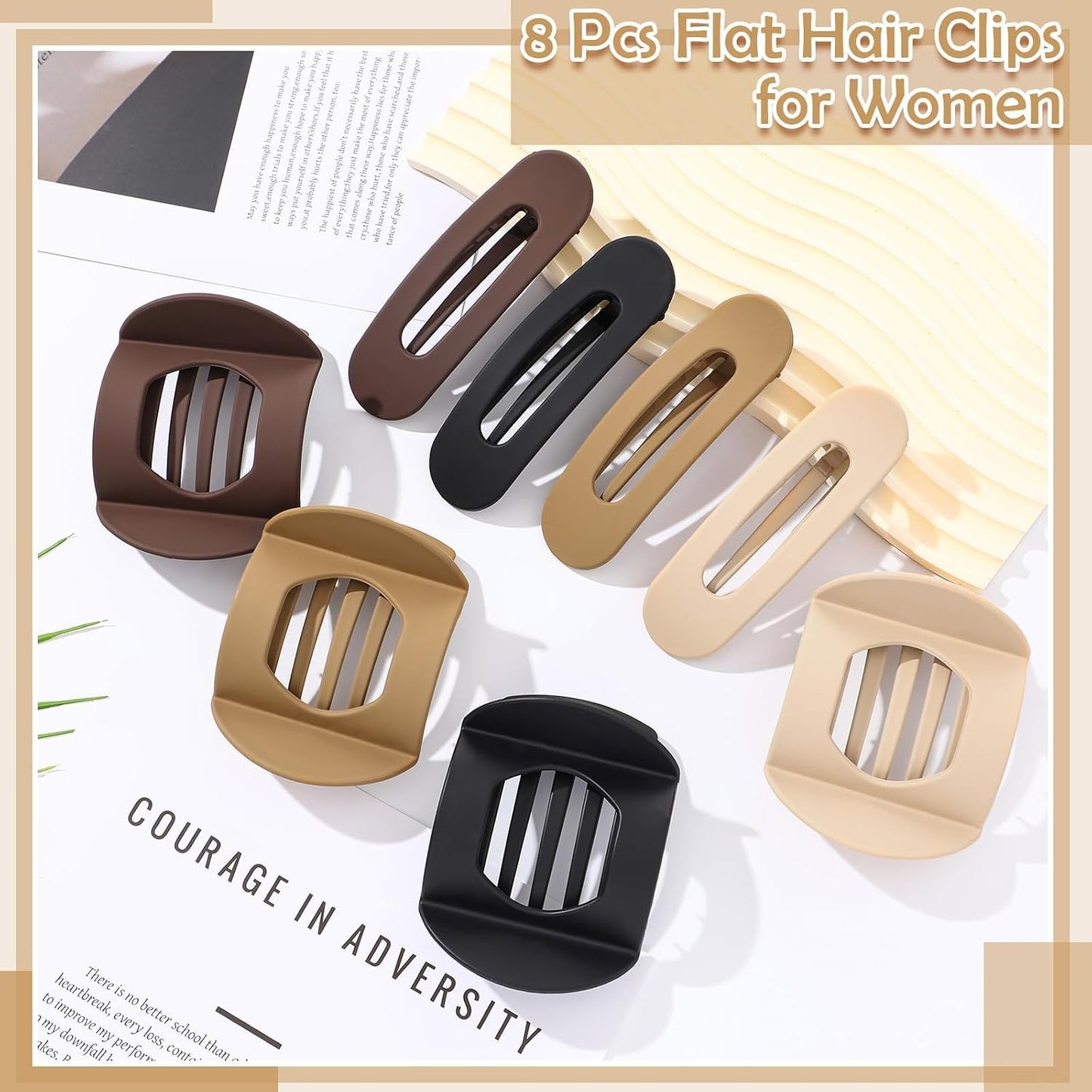 8 Pcs Flat Hair Clips for Women, 2 Styles Large Flat Claw Clips for Women, Strong Hold Non-slip French Hair Clips for Thick Thin Hair, Neutral Color WN420