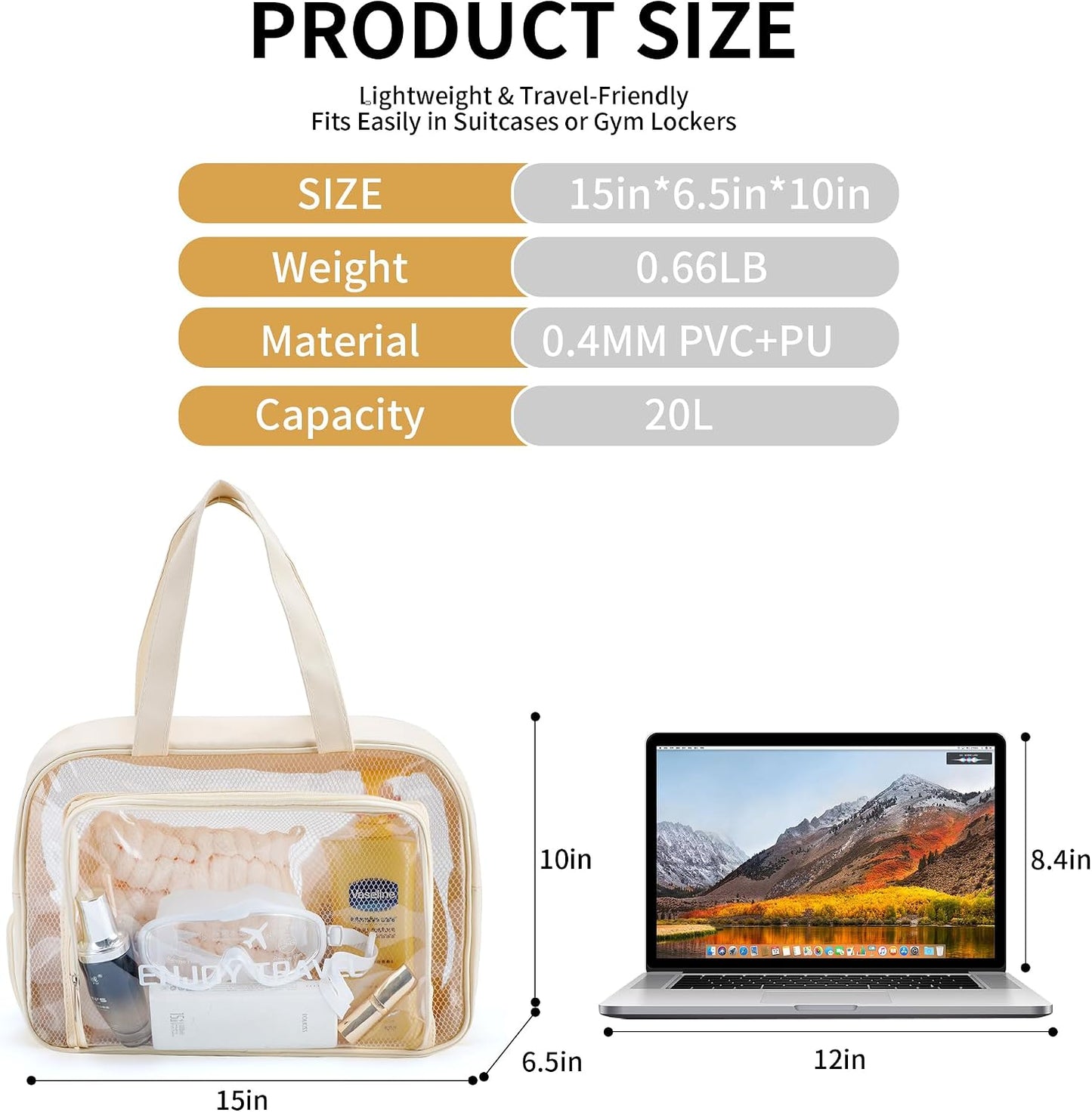 Waterproof Toiletry Bag – Large Capacity Clear PVC Beach Tote Bag, Portable Unisex Travel Makeup Organizer for Swimming, Gym, and Vacation (Beige) BST326H