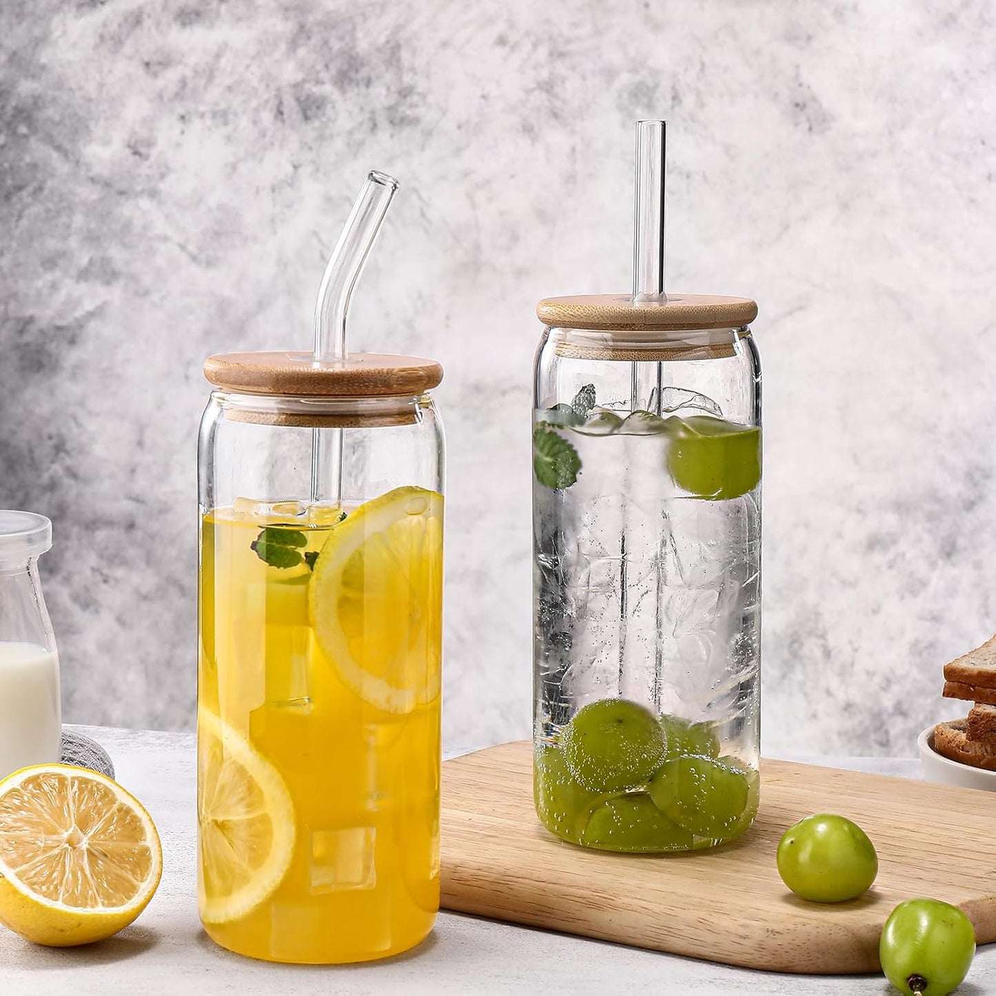 DWTS DANWEITESI Glass Cups “20oz”,Glass Cups with Lids and Straws 4 pcs-Coffee Cups,Drinking Glasses Set,Glass Tumbler with Straw and Lid Gift 2 Cleaning Brushes 600ml BST202
