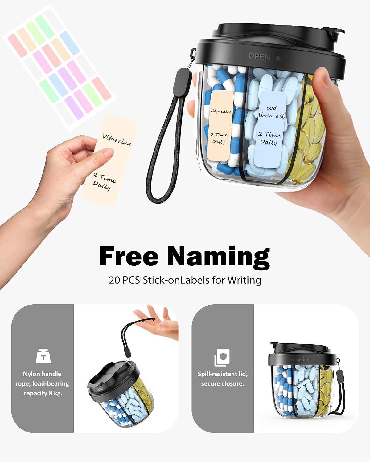 Cute Pill Organizer,Pill Dispenser with 7 Large Compartments,Portable Pill Bottle Box with Wide Opening for Easy Use, Anti-Mix Pills Organizer for Travel,Includes 20 Pcs Sticky Labels(Black) WN420