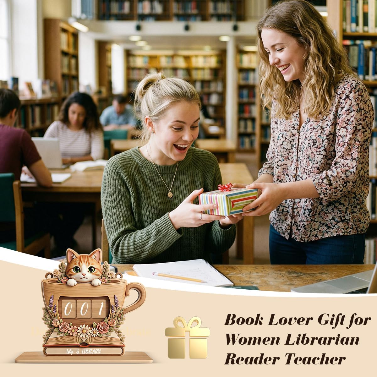 Personalized Book Counter Tracker Bookshelf Cat Decor Mother's Day Birthday Gifts for Women Librarian Bookish Gift for Readers Cat Lover Women Bookish Gifts Accessories for Book Lovers BST202