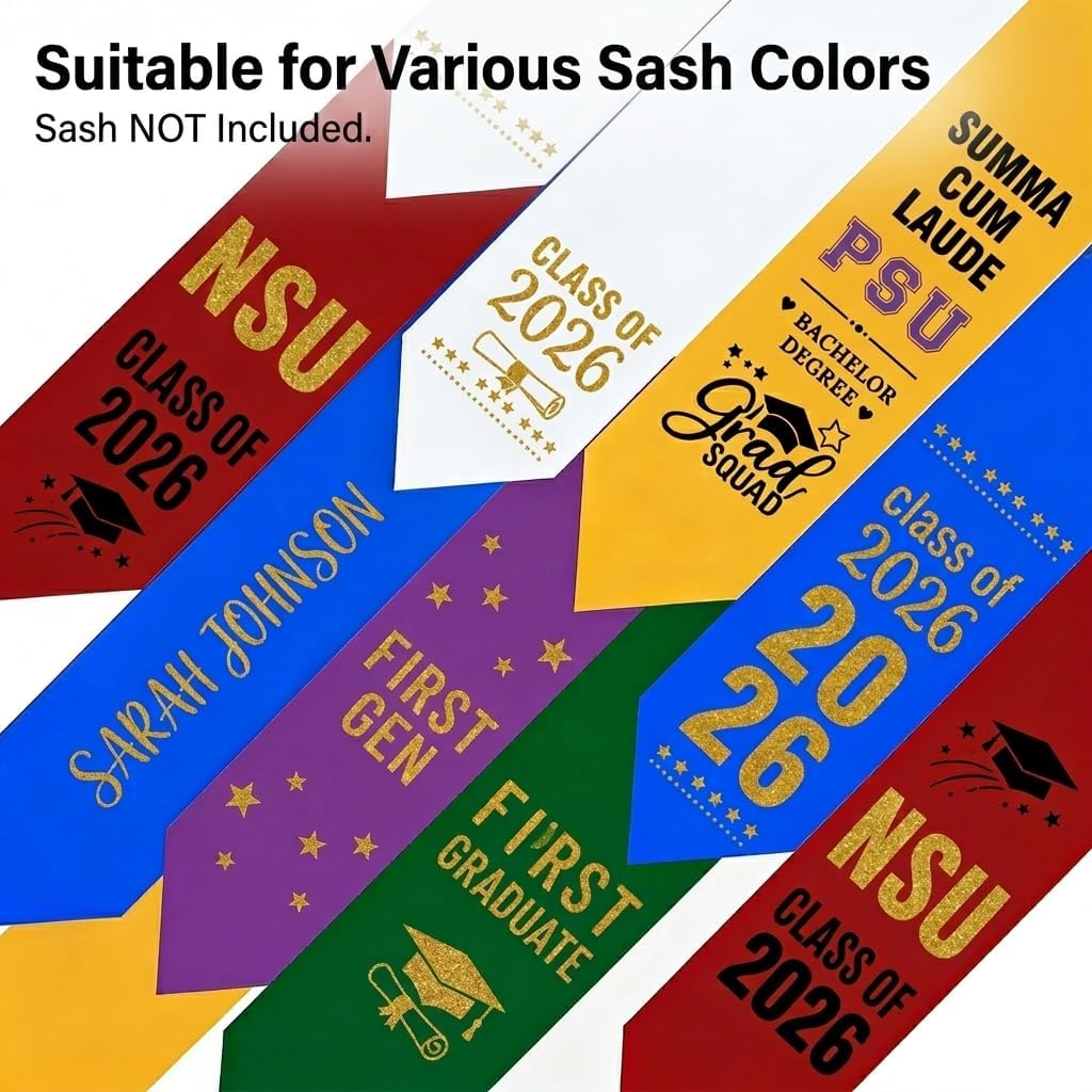 Graduation Stole Sash Class of 2026 Iron on Transfers - Personalized DIY Heat Transfer Vinyl HTV Cutouts Set for Custom Graduation Sash Cap and Gown Decorations BST220