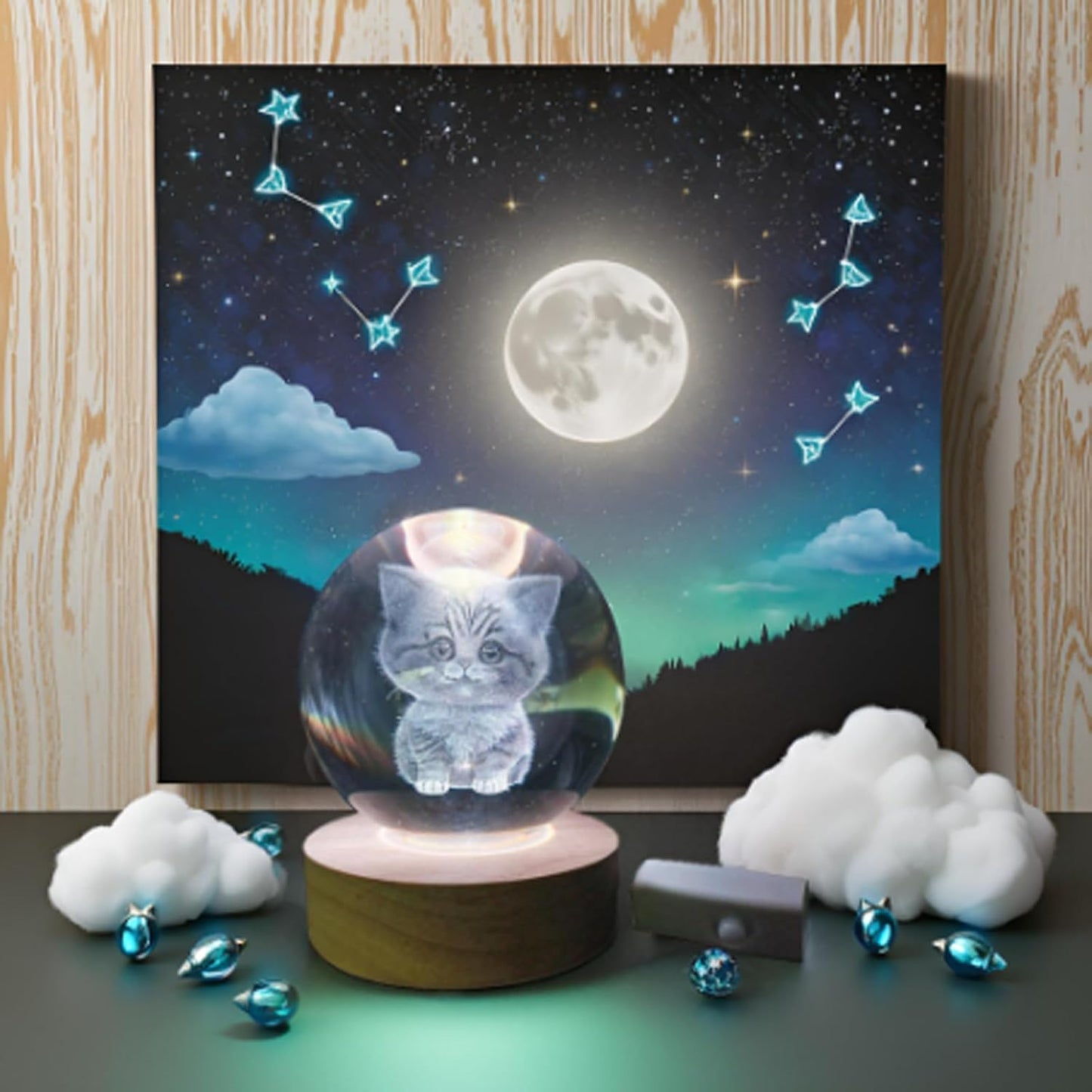 3D Kitten Crystal Ball 3.15" / LED Gradient Color Wooden USB Switch Base/Cat-Themed Couple Gift/Birthday,Christmas Gifts for Women WN420