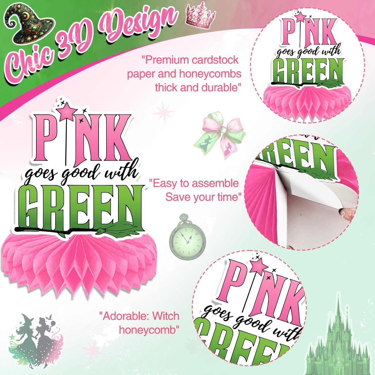 Witch Party Decorations Pink and Green Happy Birthday Banner Hanging Swirls and Honeycomb Centerpieces Witch Theme Party Decorations for Girls Women Birthday Party Supplies BST220
