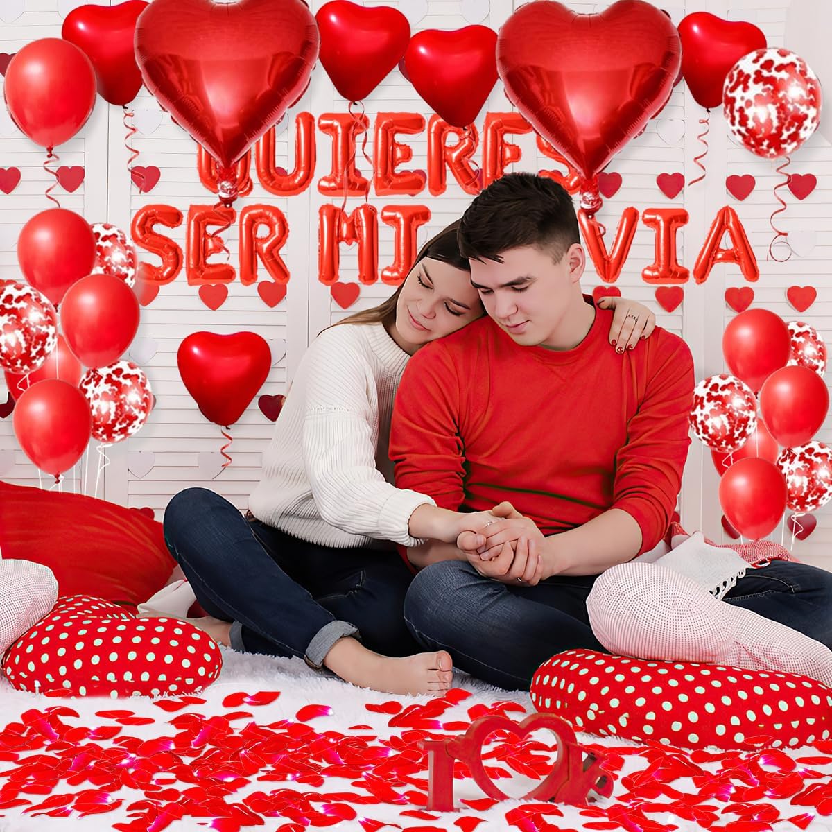 QUIERES SER MI NOVIA - 16inch Quieres Ser Mi Novia Balloons/Will You Be My Girlfriend - 1000pcs Artificial Rose Petals Red Heart Balloons for Love Confession Valentines Day Party Decorations BST326H