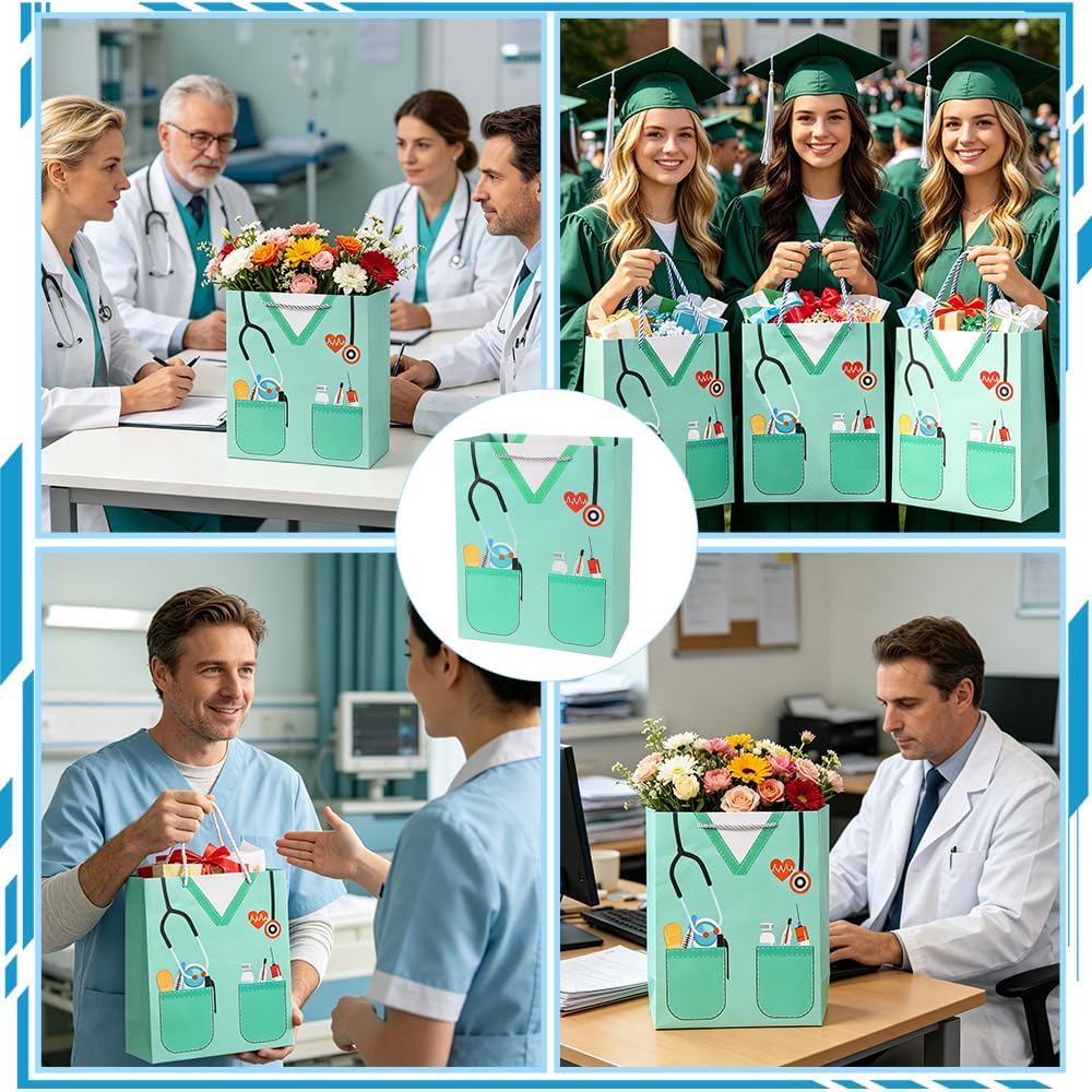 Nurse Graduation Gift Bag, Large Nurse Gift Bags with Tissue Paper, Nurses Paper Goodie Bags with Handles, Nurses Appreciation Gifts for Women Doctor Medical School Nursing Graduation Party Supplies BST326H