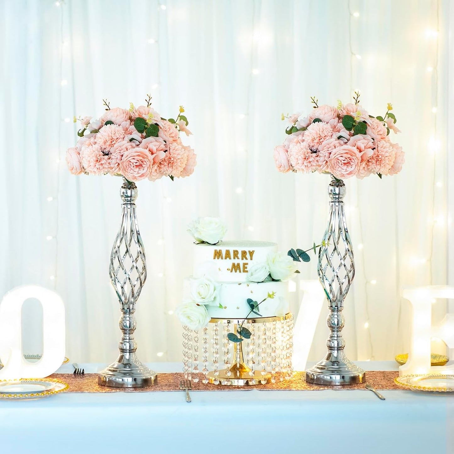 2pcs Metal Silver Candle Holders Road Lead Table Centerpiece Stand Pillar Candlestick for Wedding Candelabra Flowers Vases WN420