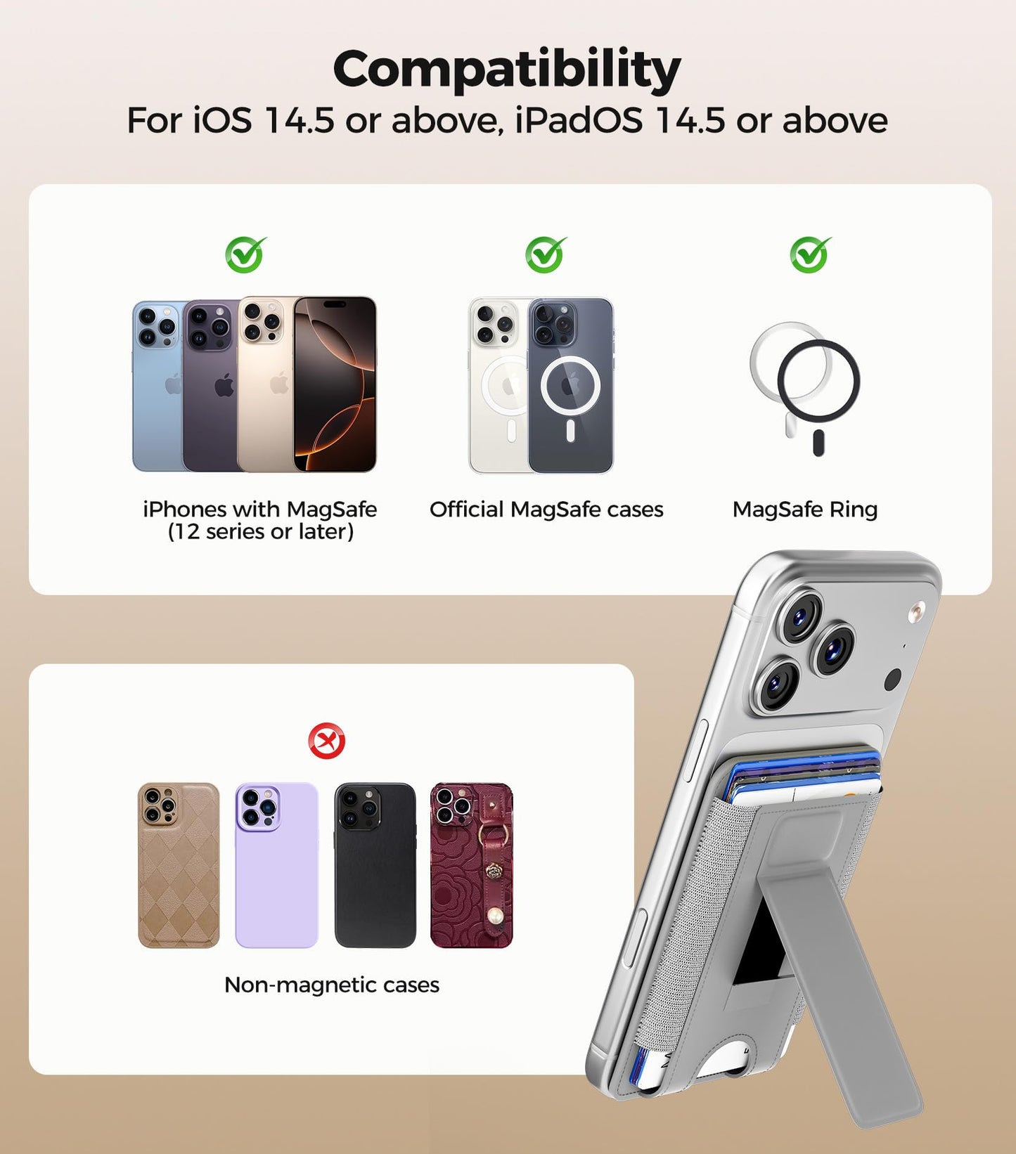 for MagSafe Wallet, Works with Apple Find My, 5-Card RFID Holder with Stand Also Grip, Strong Magnetic Wallet for iPhone 17/16/15/14/13/12 Pro Max Air Plus, Wireless Charging, Brown BST220