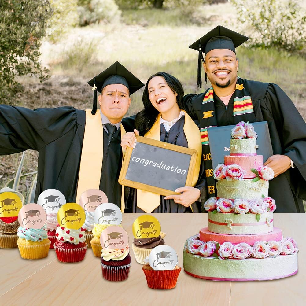 36 Pcs Graduation Cupcake Toppers Acrylic Cake Disc Toppers Graduation Mirror Cake Toppers Happy Graduate Party Supplies Decor(Gold/Rose Gold/Silver) BST326L