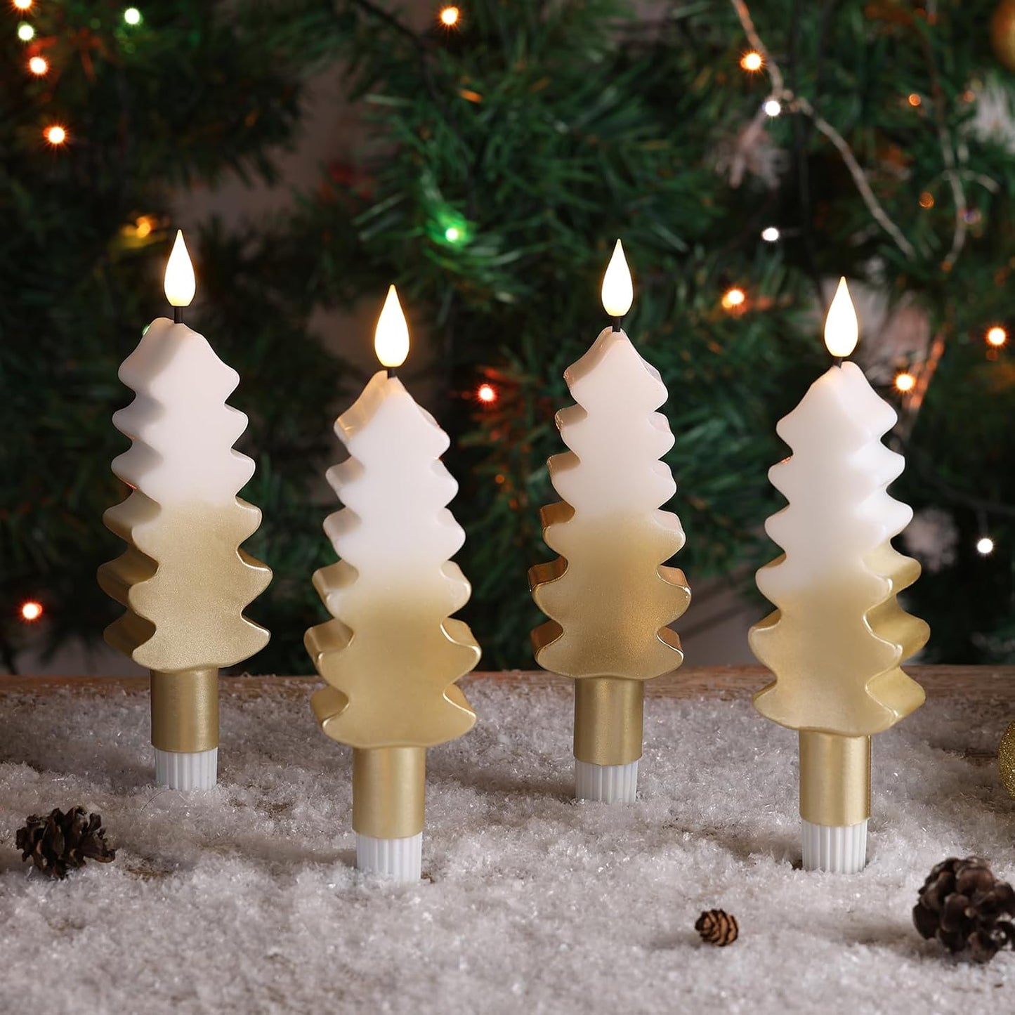 Eywamage Gold Christmas Tree Flameless Taper Candles with Remote, Short Battery Operated LED Wax Candlesticks Set of 4 WN420