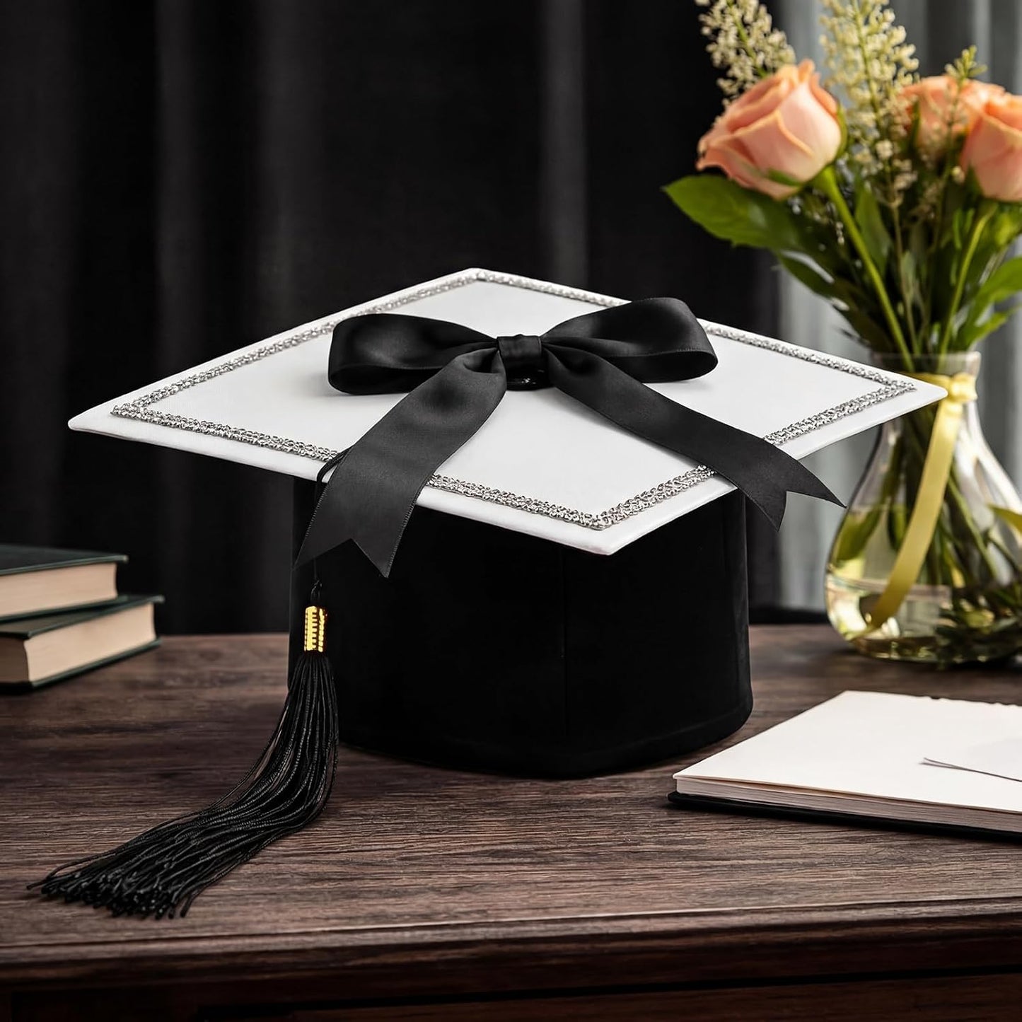 Dunzoom White DIY Graduation Cap Decorations Kit Rhinestone Grad Cap Topper with Tassel Black Bow Glitter Graduation Hat for Class of 2026 Graduate Ceremony Adult Grad Party Gift Art Craft WN420