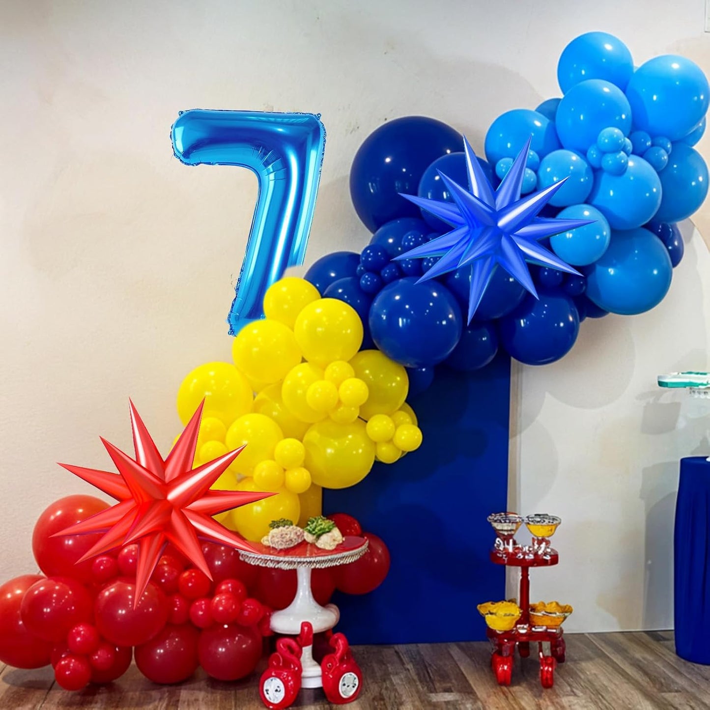 Red Yellow Blue Balloon Garland Arch Kit with Navy Blue 40 Inch Number 7 Balloon, 7th Birthday Decorations for Boy with Star Foil Balloons for 7 Year Old Theme Party Baby Shower Graduation WN420