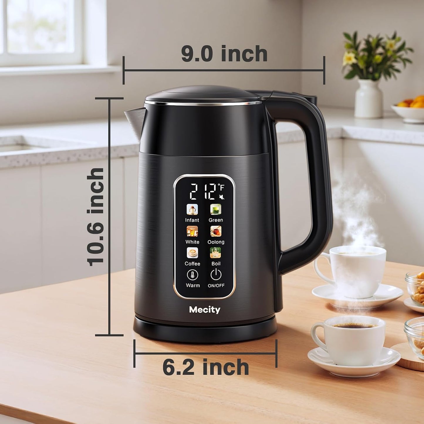 Mecity Electric Kettle 1.7L Touch Screen Temperature Control Water Boiler, No Plastic Contact with Water. 6 Preset Temperature Programs, 2 Hours Keep Warm, Auto Shut Off, Dark Grey DD1210