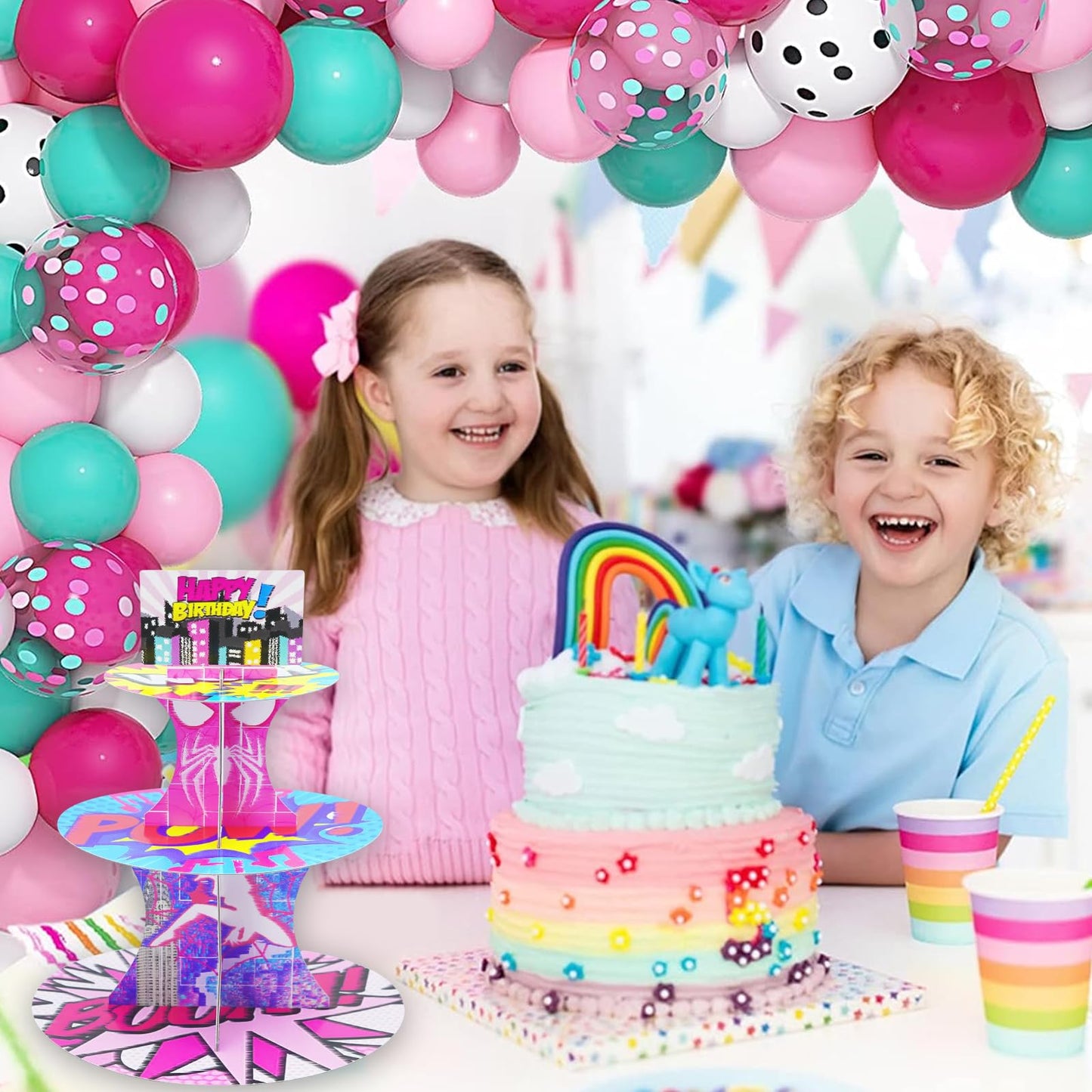 Tropical Hawaiian Birthday Cupcake Stands, Cartoon Movie Theme 3 Tier Paper Cupcake Rack Tropical Flower Party Decorations for Baby Shower Boys Girls Birthday Party Supplies (Fantasy Style) BST220
