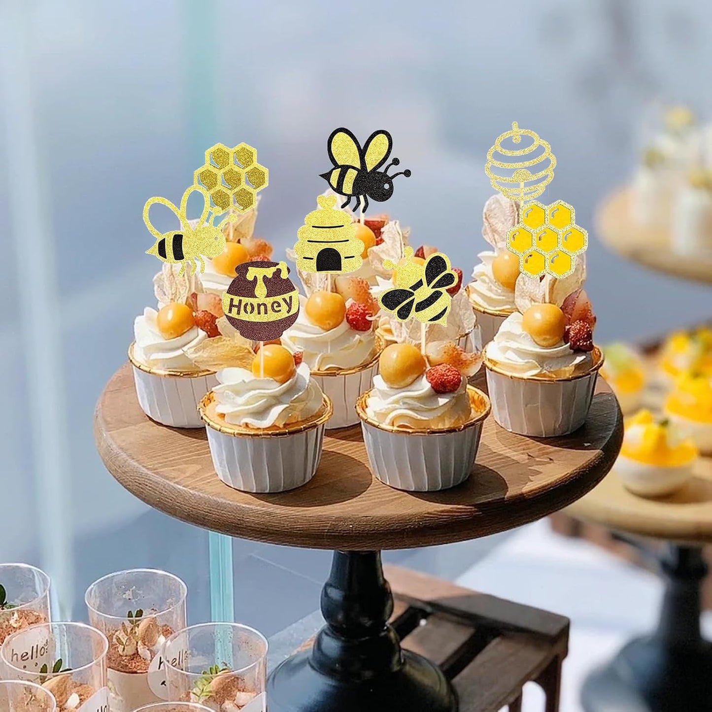 24 PCS Bumble Bee Cupcake Toppers Glitter Heart Honeycomb Bee Cupcake Picks BaBy Shower Cake Decorations for Bee Theme Baby Shower Kids Birthday Party Supplies WN420