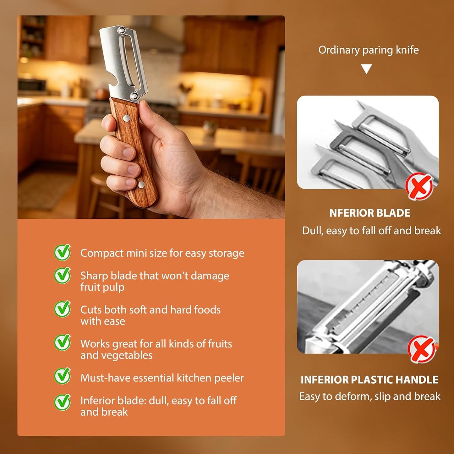 (3 PCS) 2 in 1 Multi Functional Vegetable Peeler with Wooden Handle and Bottle Opener, Stainless Steel Blade Kitchen Tool for Fruit Apple Potato Pumpkin Papaya BST326H