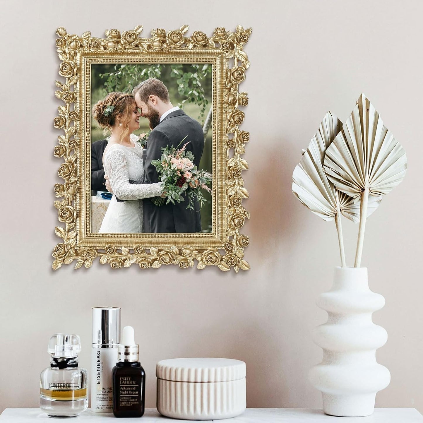 5x7 Wedding Picture Frame Gold,2 Pack Small Frame for Gallery Decor | Durable Resin Material,Tabletop & Wall Display,Real Glass,Rose Floral Design,Antique Brass Finish,Wedding Arrangement Decor BST326H