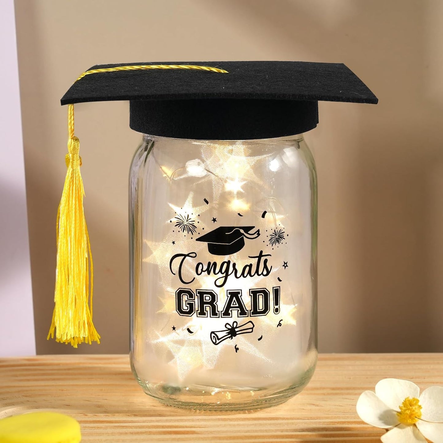 3 Sets 2026 Graduation Centerpieces for Tables, Glowing Mason Jar Centerpieces with Graduation Caps, Glowing Money Jars for College High School Congrats Grad Party Decor Supplies WN420