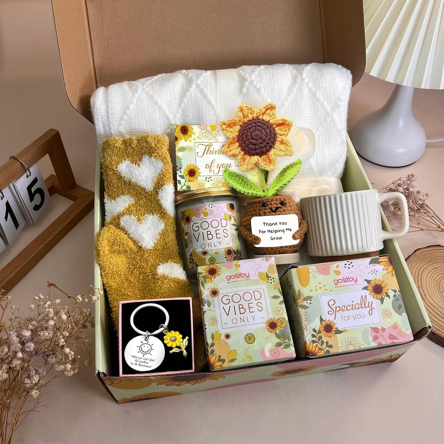 Gossby Sunflower Teacher Appreciation Gift Set Backet - Thank You for Helping ME Grow - Thank You, Birthday, Teacher's Day Gift for Teacher - Spa Self Care Get Well Relaxation Package (6 Pcs) WN420