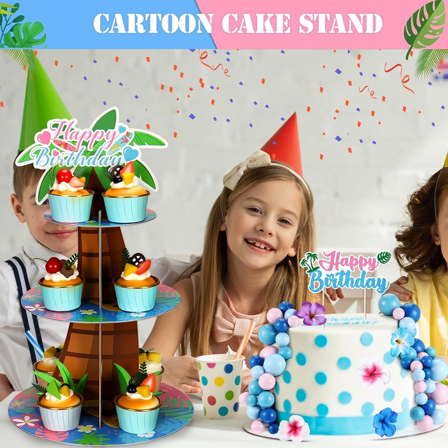 Leinuosen Hawaii Cupcake Stand Decorations 3 Tier Pink Blue Cartoon Cake Stand Happy Birthday Party Decor Cartoon Tropical Luau Birthday Decoration Cute Party Supplies for Wall Hanging Baby Shower BST202