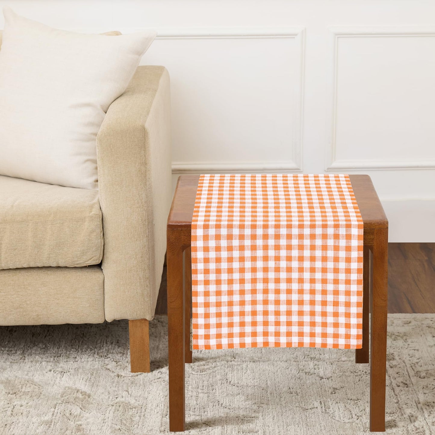 Solino Home 100% Pure Linen Table Runner Apricot, Gingham Check 14 x 36 in | Table Runners for nightstands, end tables, coffee tables and dressers | checkered weave, mitered corners | OEKO-TEX Certified BST326SOLH