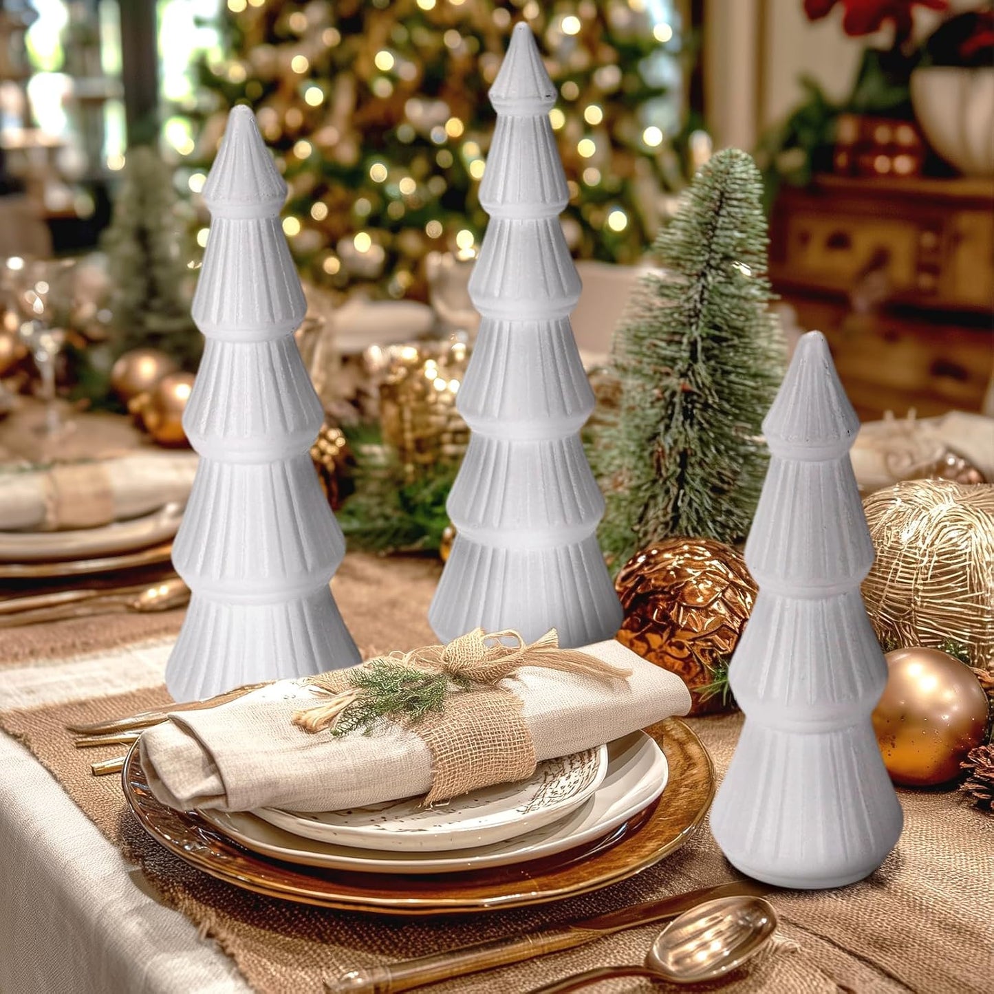 Wooden Christmas Tree Figurine, 3 Pcs Tabletop Xmas Tree, Christmas Centerpiece Decor for Home Entryway Mantel Shelf Table Fireplace Holiday (White-Wood) BST326H