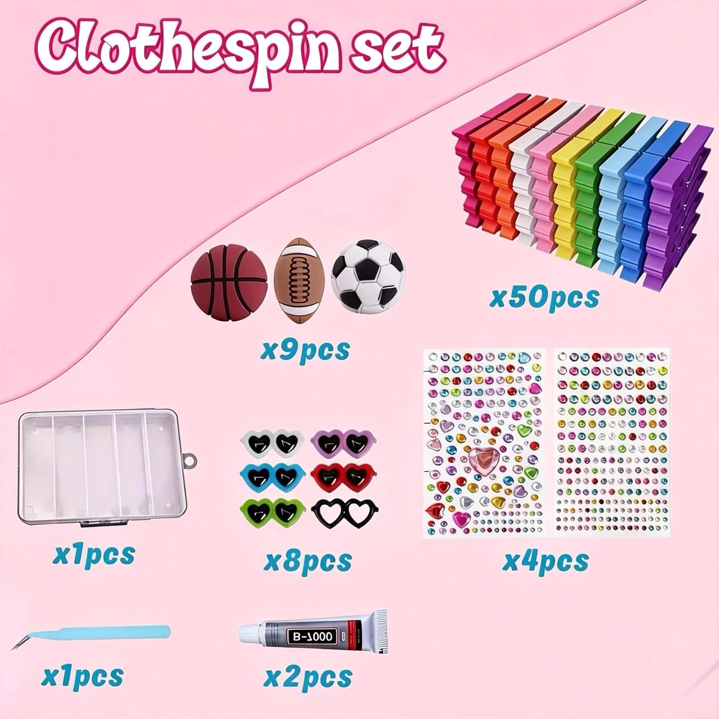 50pcs Cheer Pins Kit: Wooden Cheer Clothes Pins (2.8 inches) with Over 380 Unique Clip Charms, Including Cheer Pins for Cheerleaders, Zodiac Symbols, American Flag, Glowing Ducks and Turtles BST326H