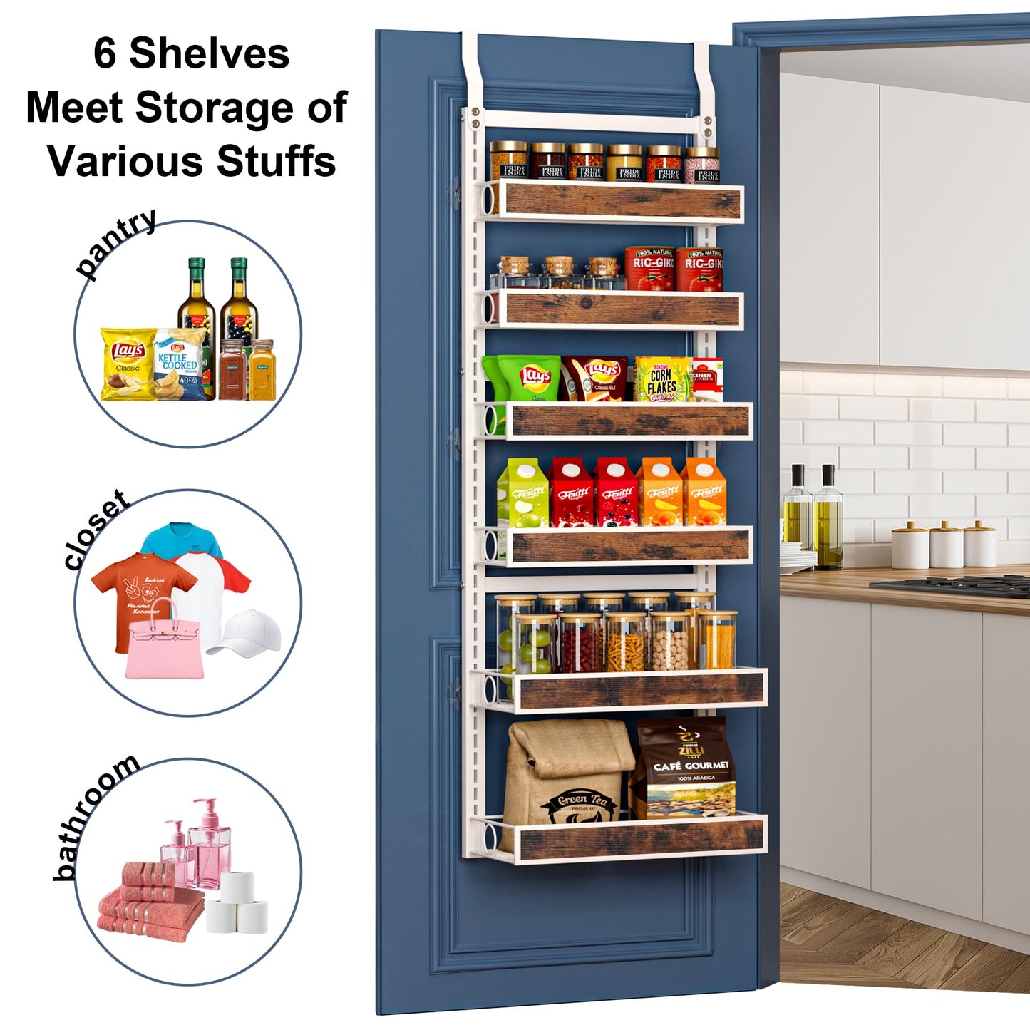 8 Tier Over The Door Pantry Orangizer 2 IN 1 Wall Mounted or Hanging Spice Rack with Adjustable Wood Basket,Heavy Duty Seasoning Storage Shelf for Kitchen Pantry and Bathroom BST220