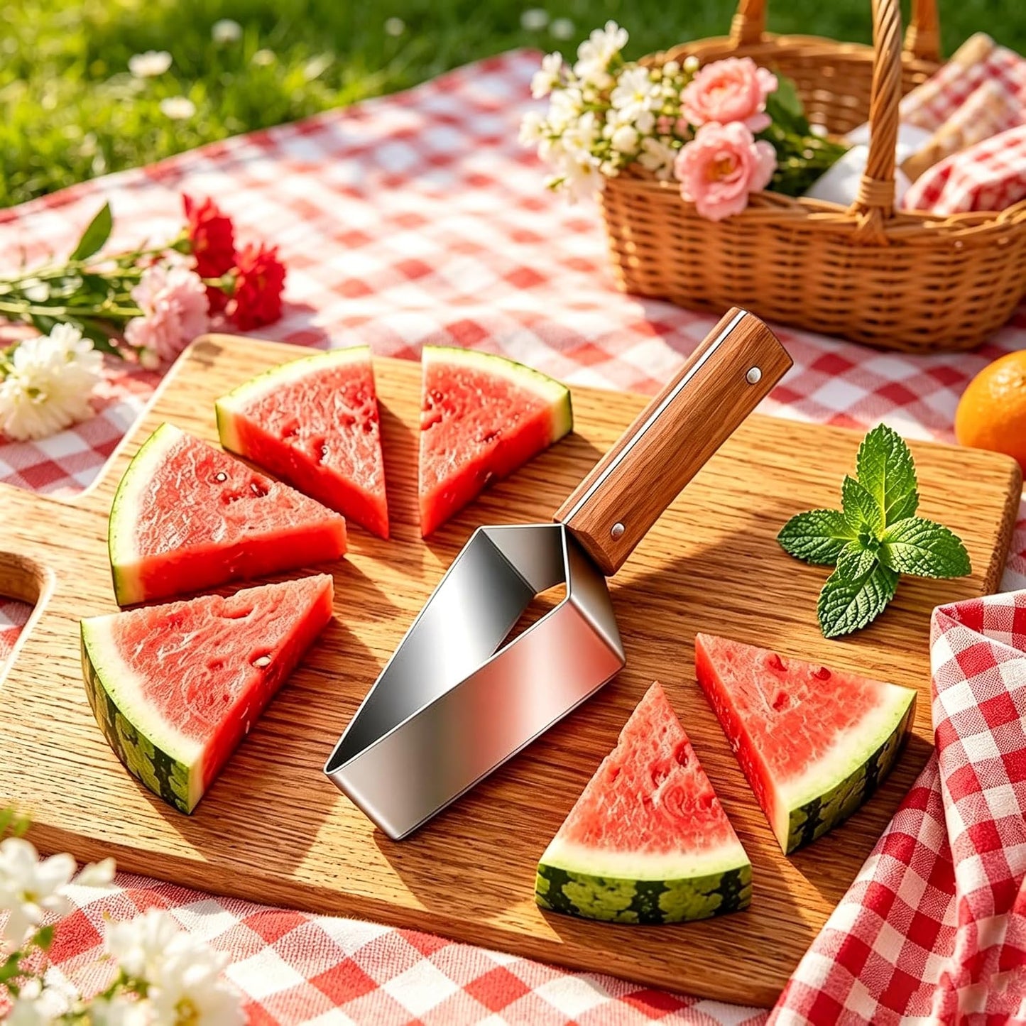 2pcs Stainless Steel Watermelon Cutter, Triangle Fruit Slicer with Wooden Handle, Melon Divider Tool for Watermelon, Cantaloupe and Honeydew, Kitchen Gadget for Picnic and BBQ BST326H