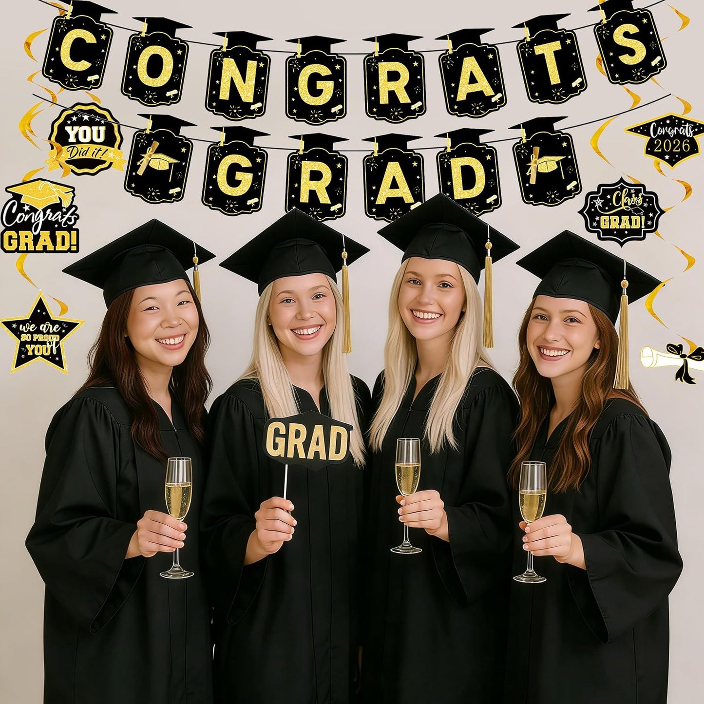 Graduation Decorations 2026, Black and Gold Congrats Grad Banner with 6PCS Graduations Hanging Swirl Decorations for Class of 2026 Grad Party BST326L