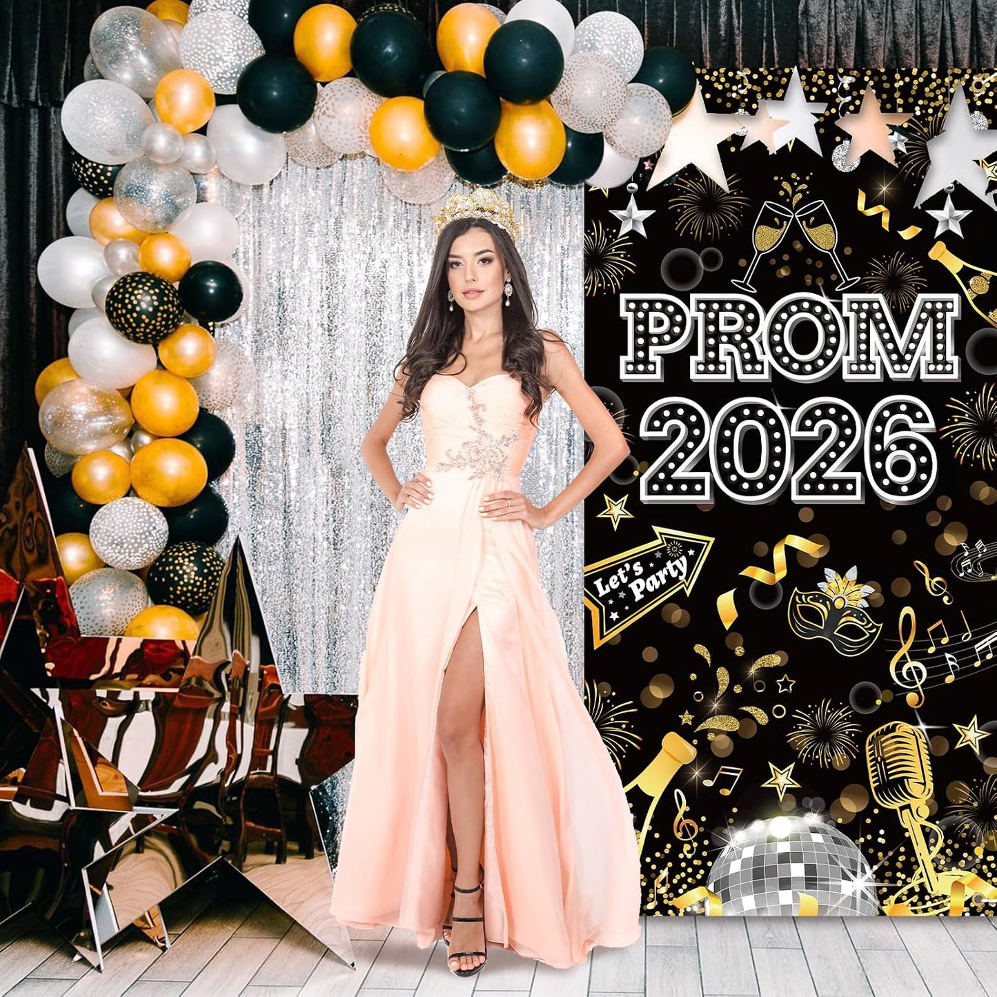 HOWAF Prom 2026 Door Cover for Graduation Prom Night Party Decoration, Grad Dancing Parties Door Banner 2026 Welcome Sign for Class of 2026 Congrats Grad Supplies, Black Gold Silver BST326L