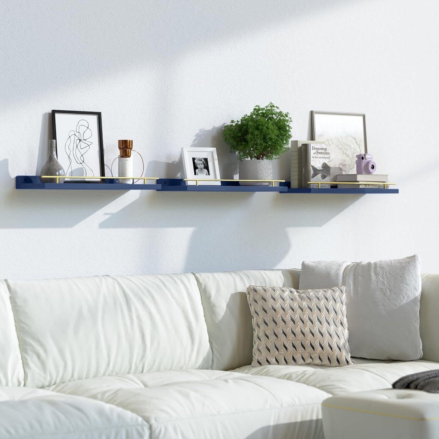 WOPITUES Floating Shelves with Gold Metal Guardrail, Shelves for Wall Decor Set of 3, Wall Shelves for Bedroom, Bathroom, Kitchen, Living Room, Plants, Picture Frames, Art- Gold in Navy Blue